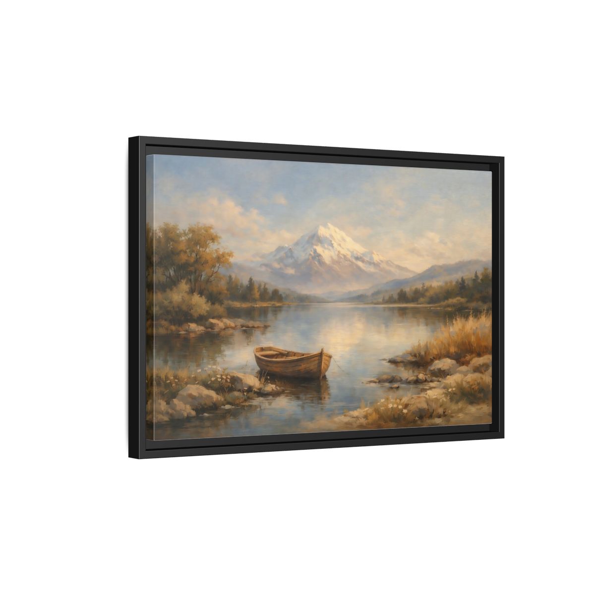 Side Mockup 3. Nature Mountain Lake Blue And Gold Landscape shown as stretched canvas wall art
