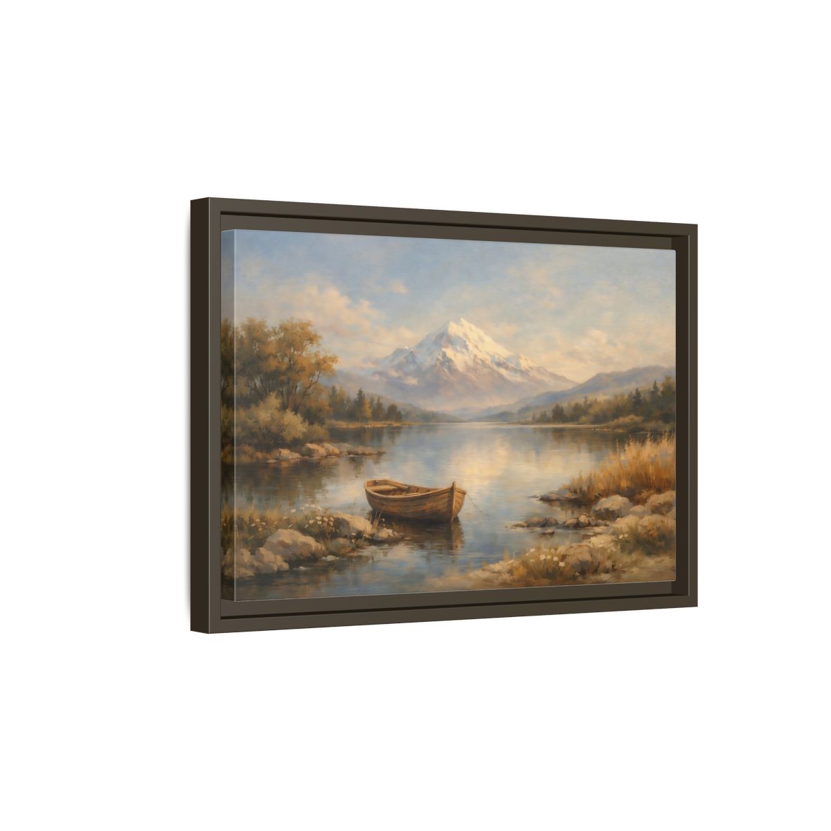 Side Mockup 5. Nature Mountain Lake Blue And Gold Landscape shown as stretched canvas wall art