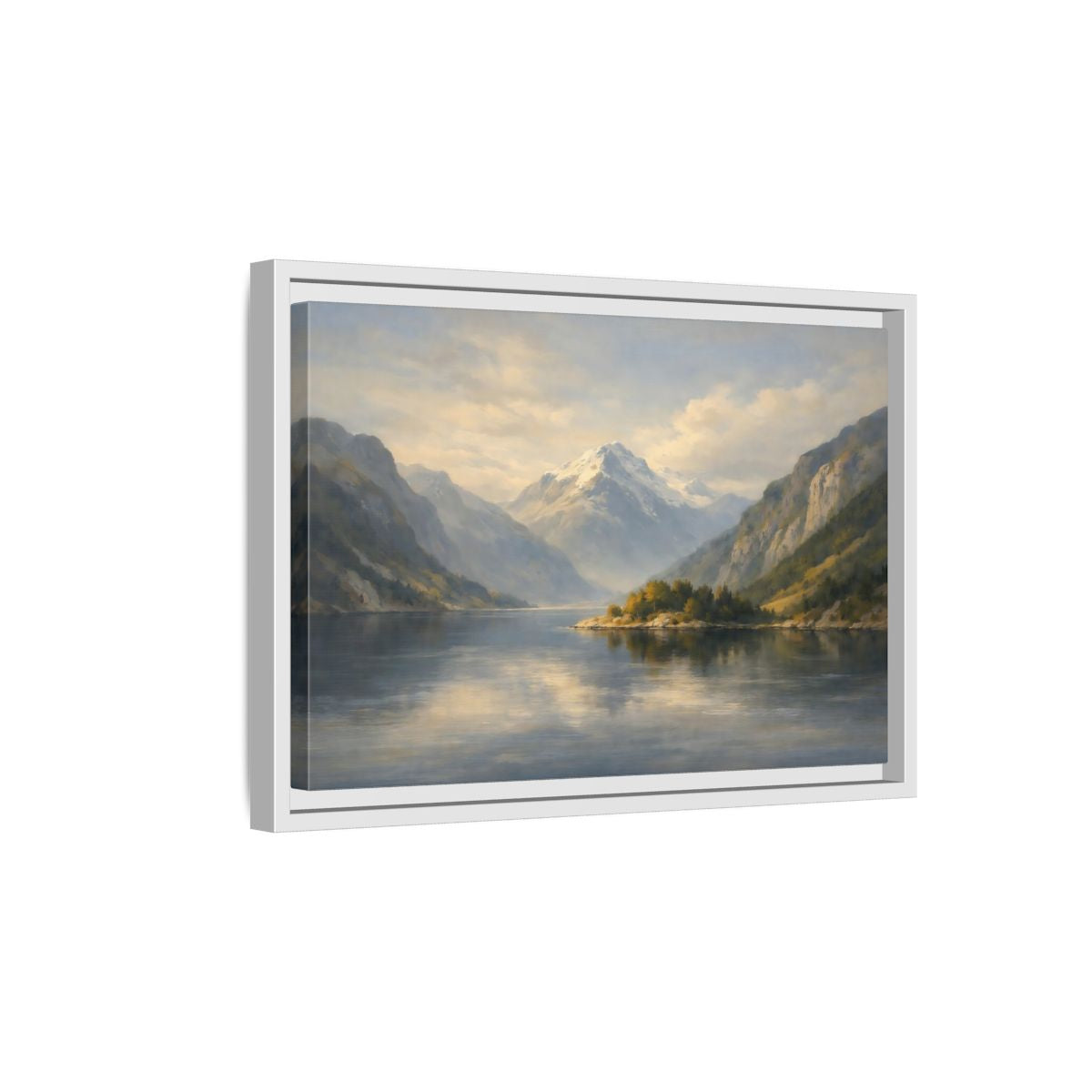 Side Mockup 4. Nature Mountain Lake Blue And Gold Landscape shown as stretched canvas wall art