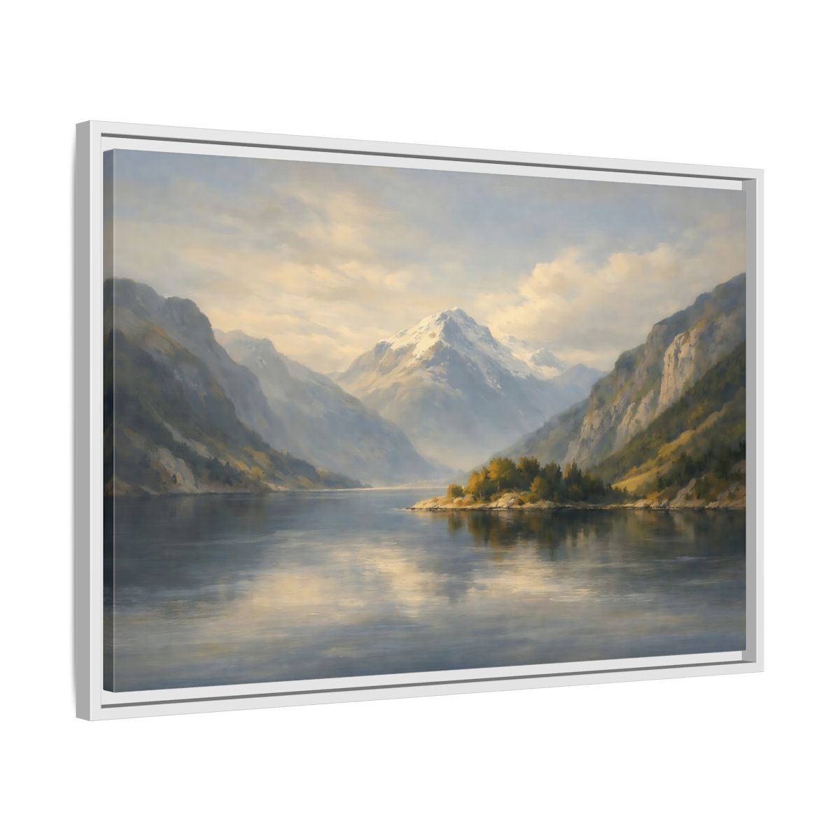 Side Mockup 10. Nature Mountain Lake Blue And Gold Landscape shown as stretched canvas wall art