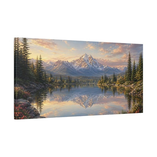 Main Mockup. Nature Mountain Lake Blue And Gold Landscape shown as stretched canvas wall art