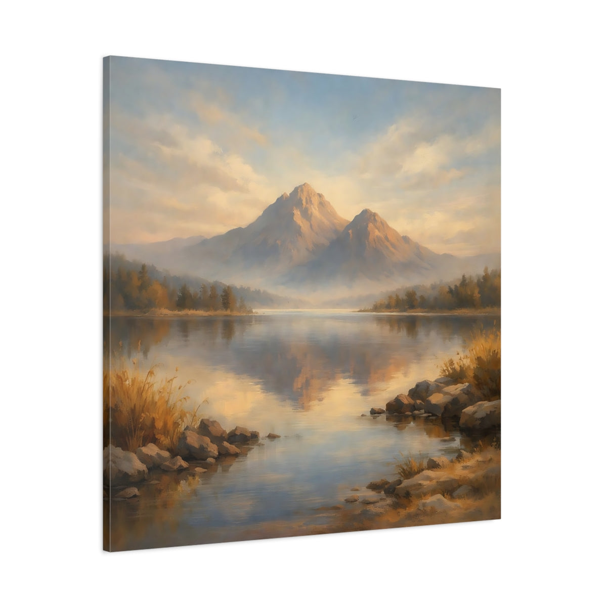 Main Mockup. Nature Mountain Lake Blue And Gold Landscape shown as stretched canvas wall art