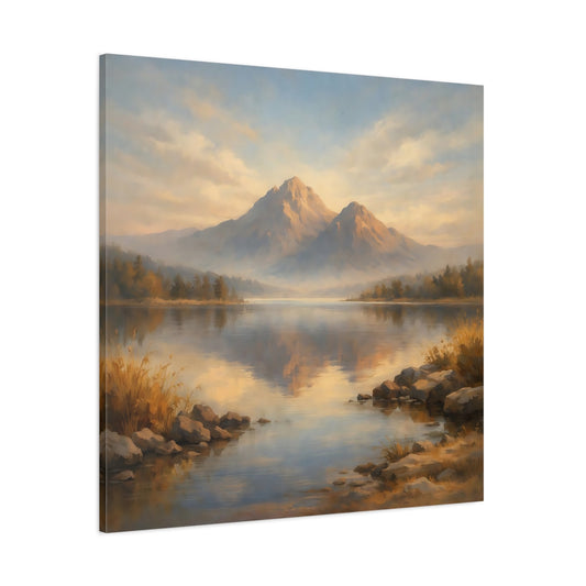 Main Mockup. Nature Mountain Lake Blue And Gold Landscape shown as stretched canvas wall art