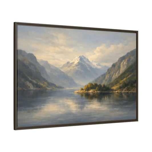 Main Mockup. Nature Mountain Lake Blue And Gold Landscape shown as stretched canvas wall art
