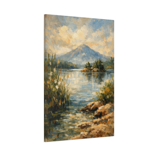 Main Mockup. Nature Mountain Lake Blue And Gold Landscape shown as stretched canvas wall art