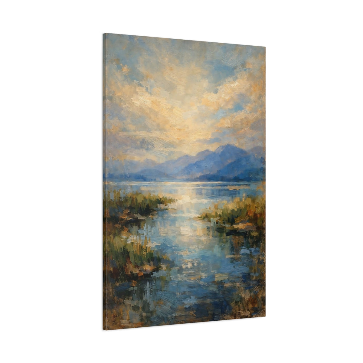 Main Mockup. Nature Mountain Lake Blue And Gold Landscape shown as stretched canvas wall art