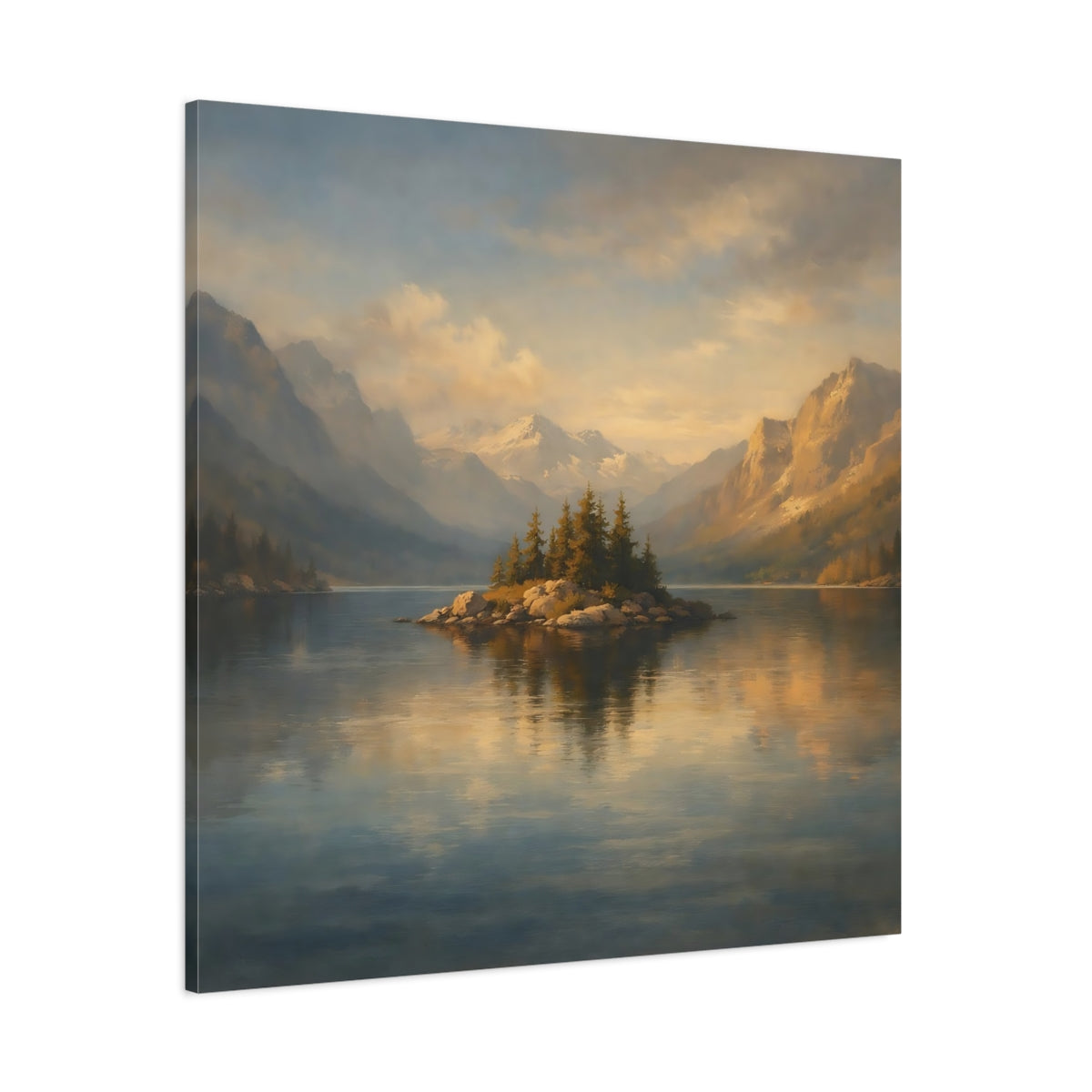 Main Mockup. Nature Mountain Lake Blue And Gold Landscape shown as stretched canvas wall art