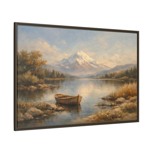 Main Mockup. Nature Mountain Lake Blue And Gold Landscape shown as stretched canvas wall art