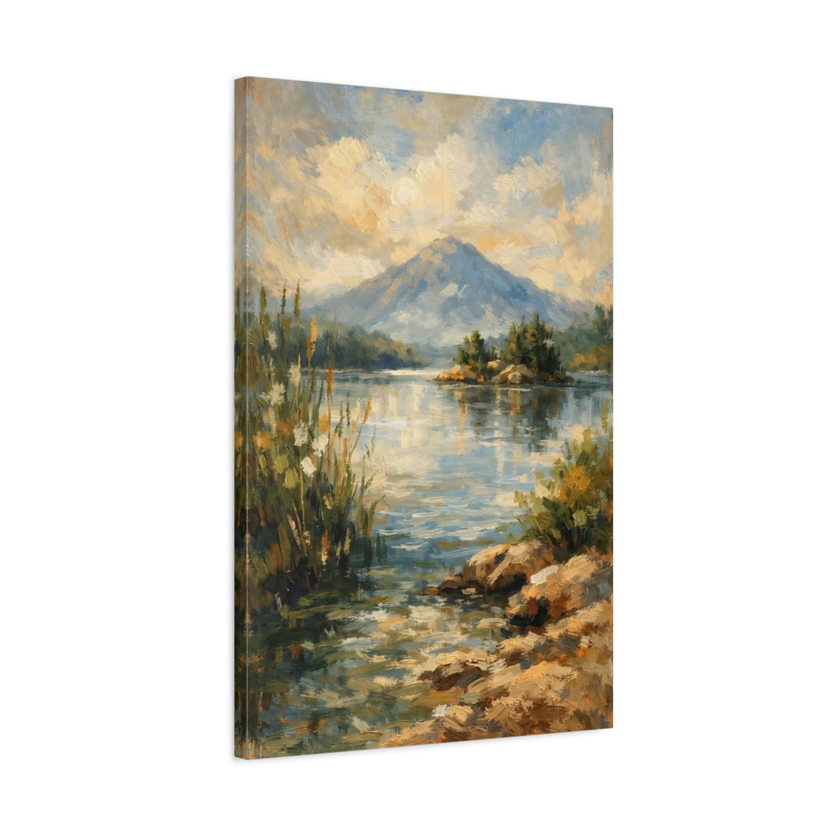 Side Mockup 2. Nature Mountain Lake Blue And Gold Landscape shown as stretched canvas wall art