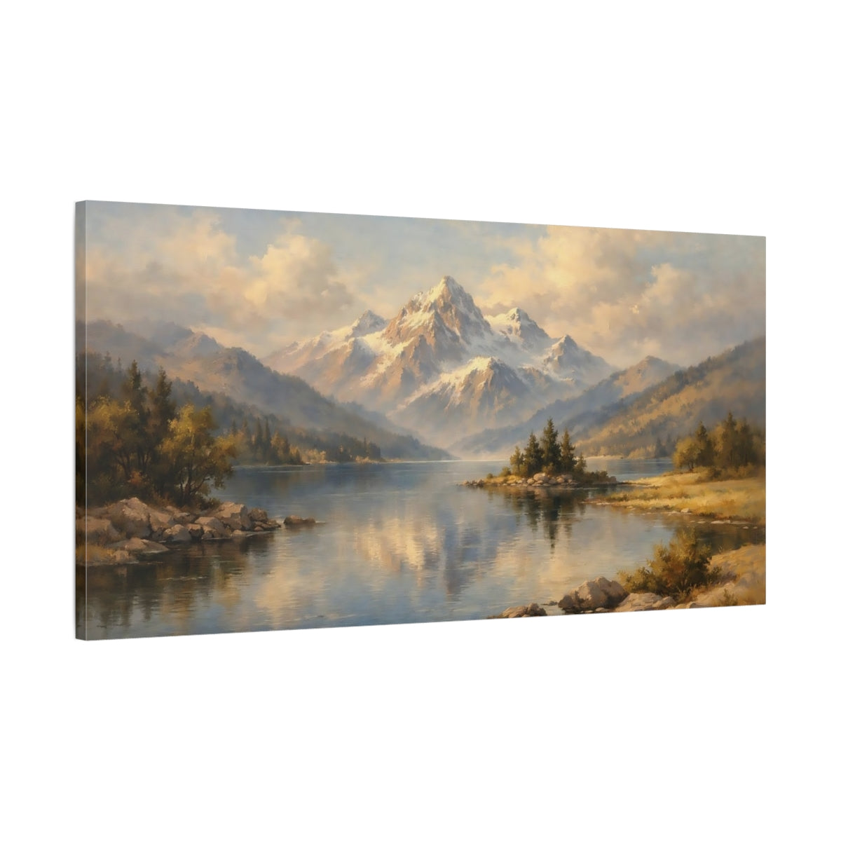 Side Mockup 1. Nature Mountain Lake Blue And Gold Landscape shown as stretched canvas wall art
