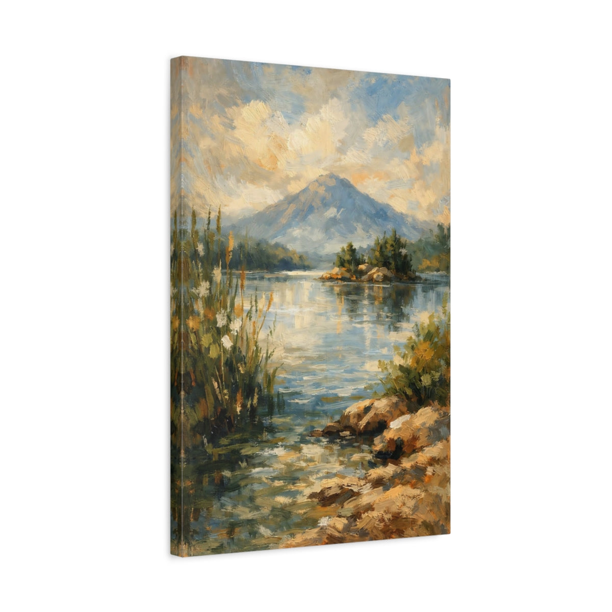 Side Mockup 3. Nature Mountain Lake Blue And Gold Landscape shown as stretched canvas wall art