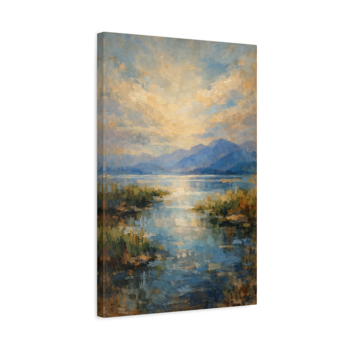 Side Mockup 3. Nature Mountain Lake Blue And Gold Landscape shown as stretched canvas wall art