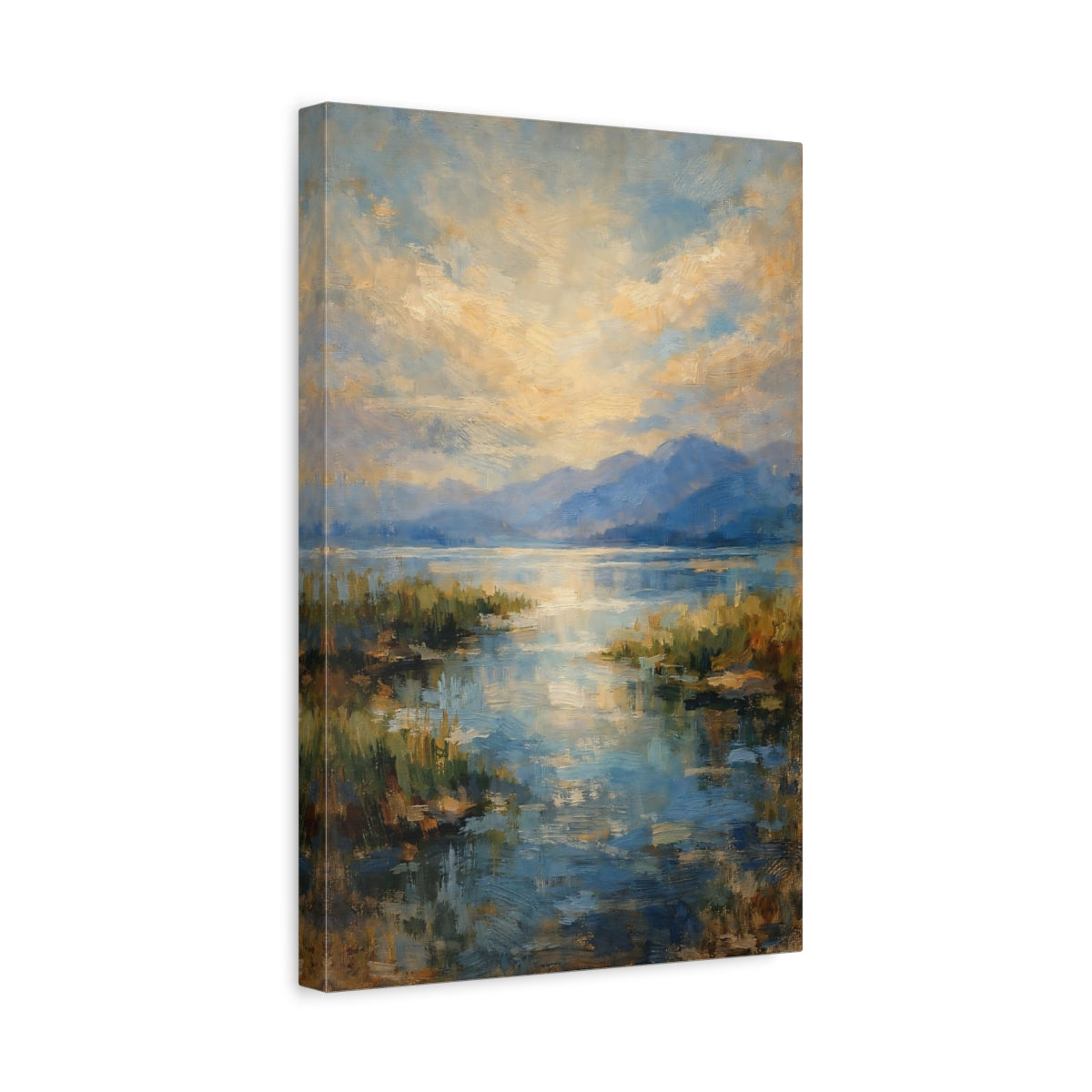 Side Mockup 4. Nature Mountain Lake Blue And Gold Landscape shown as stretched canvas wall art