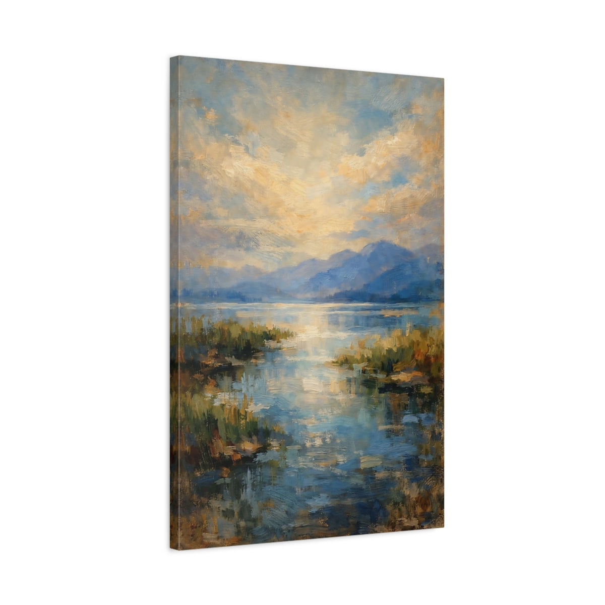 Side Mockup 2. Nature Mountain Lake Blue And Gold Landscape shown as stretched canvas wall art