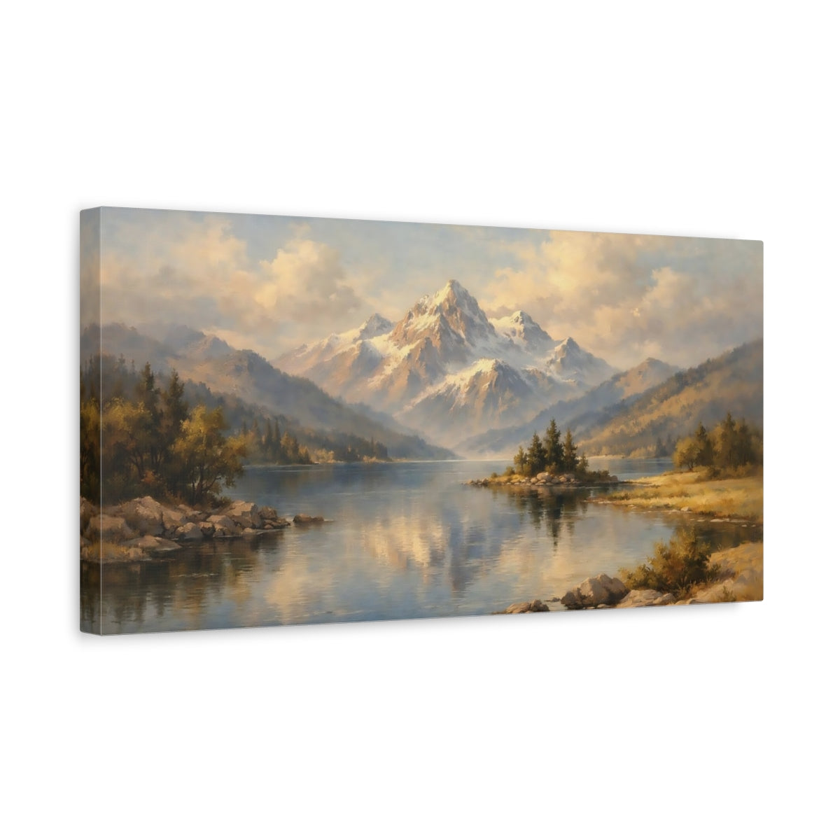Side Mockup 3. Nature Mountain Lake Blue And Gold Landscape shown as stretched canvas wall art