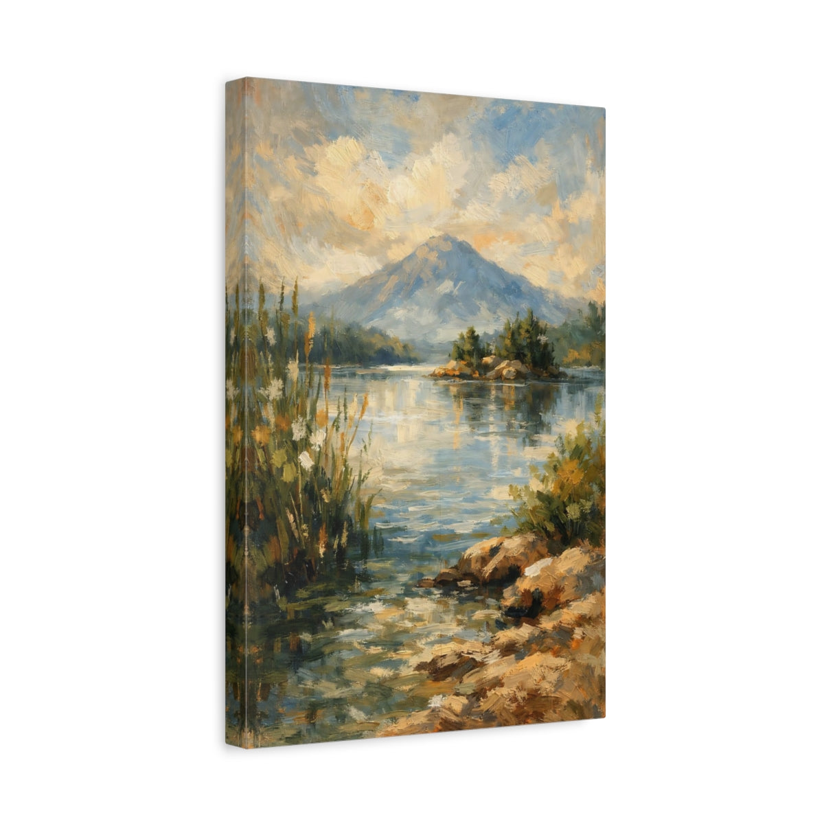 Side Mockup 4. Nature Mountain Lake Blue And Gold Landscape shown as stretched canvas wall art