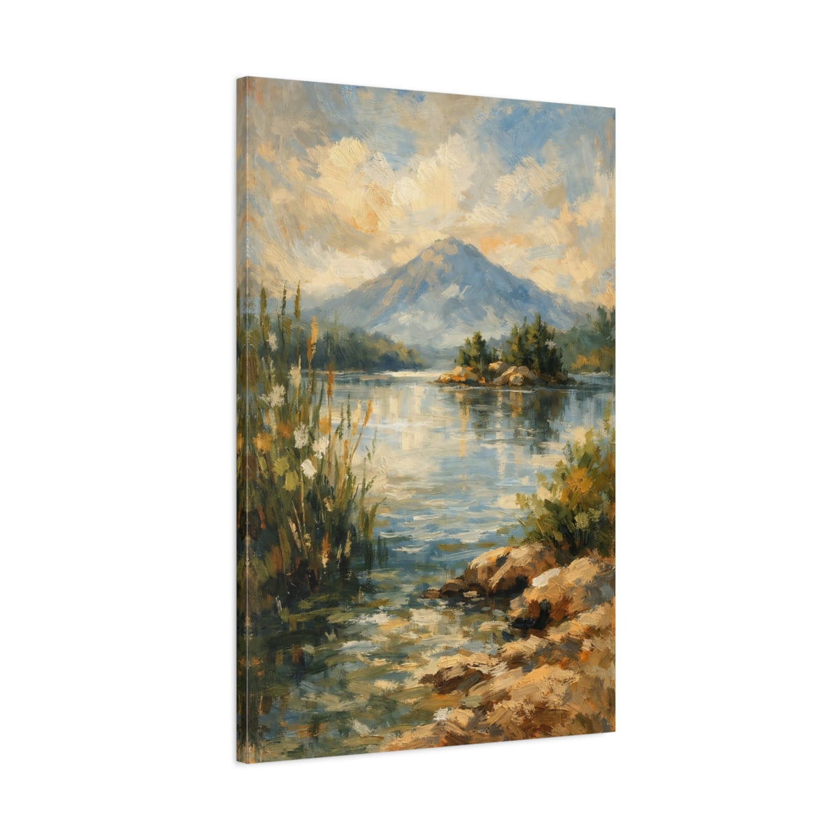 Side Mockup 1. Nature Mountain Lake Blue And Gold Landscape shown as stretched canvas wall art