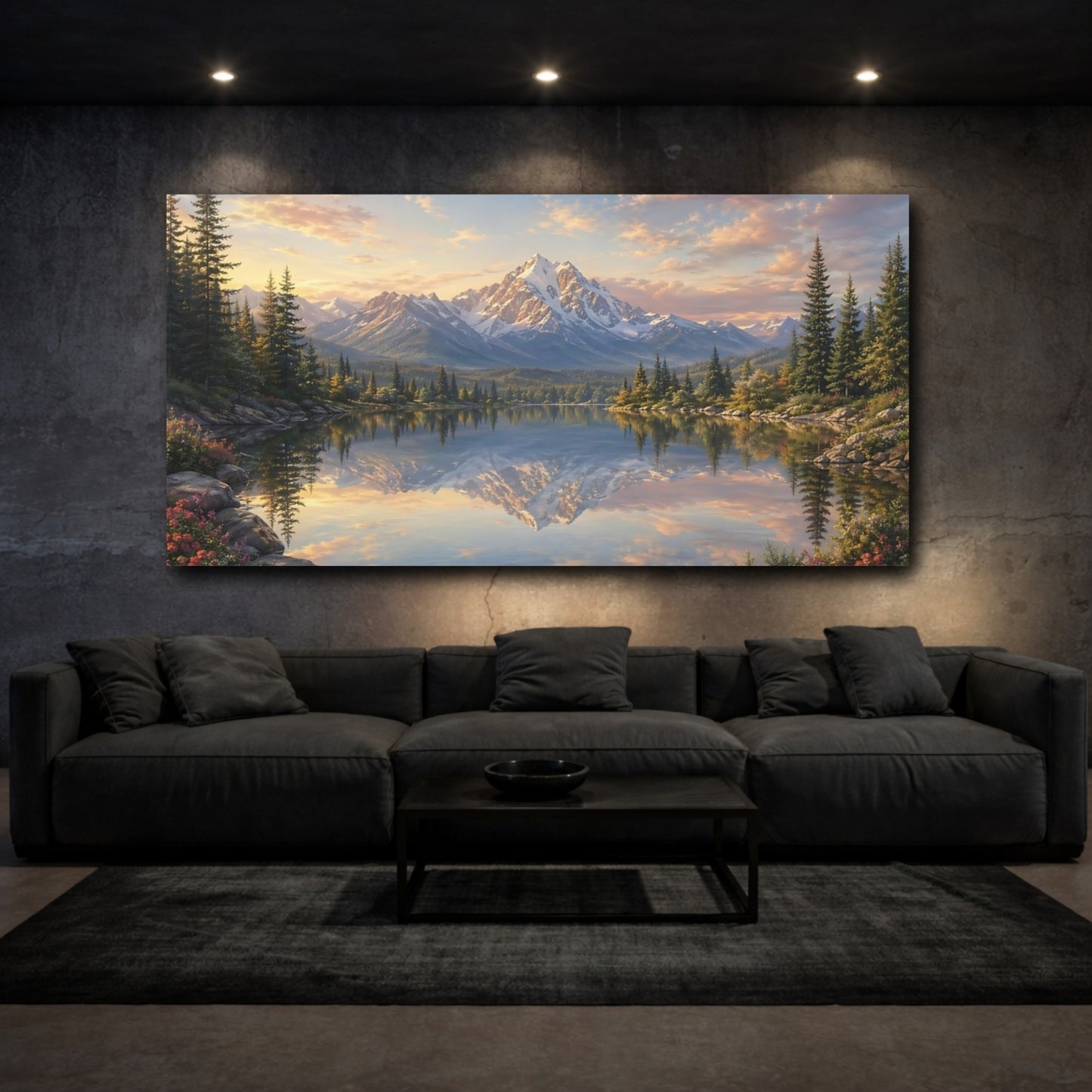 Mockup 2. Nature Mountain Lake Blue And Gold Landscape shown as stretched canvas wall art