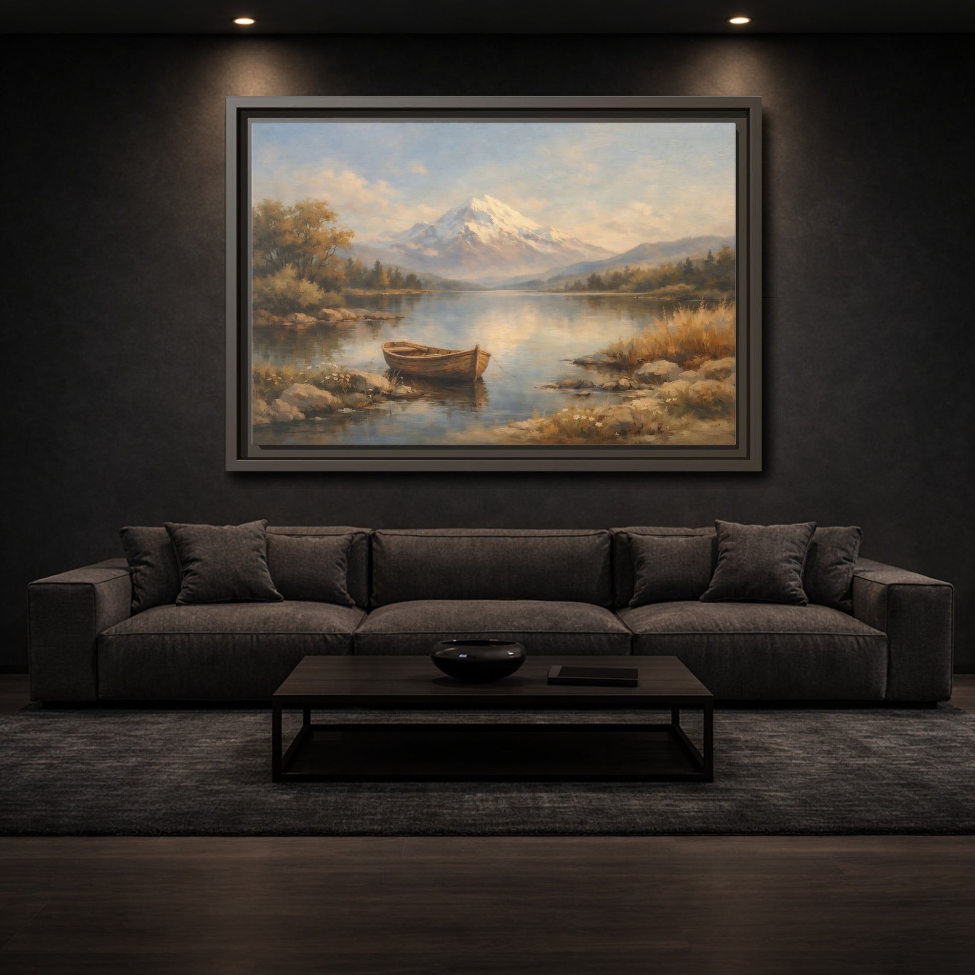 Mockup 2. Nature Mountain Lake Blue And Gold Landscape shown as stretched canvas wall art