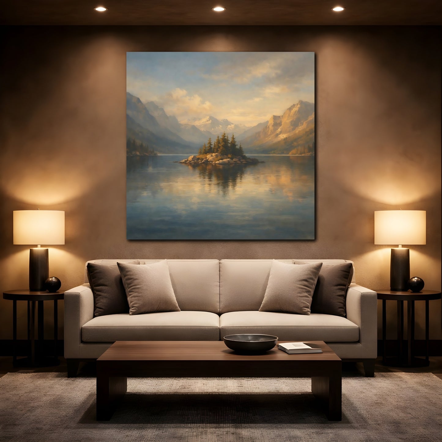 Mockup 2. Nature Mountain Lake Blue And Gold Landscape shown as stretched canvas wall art