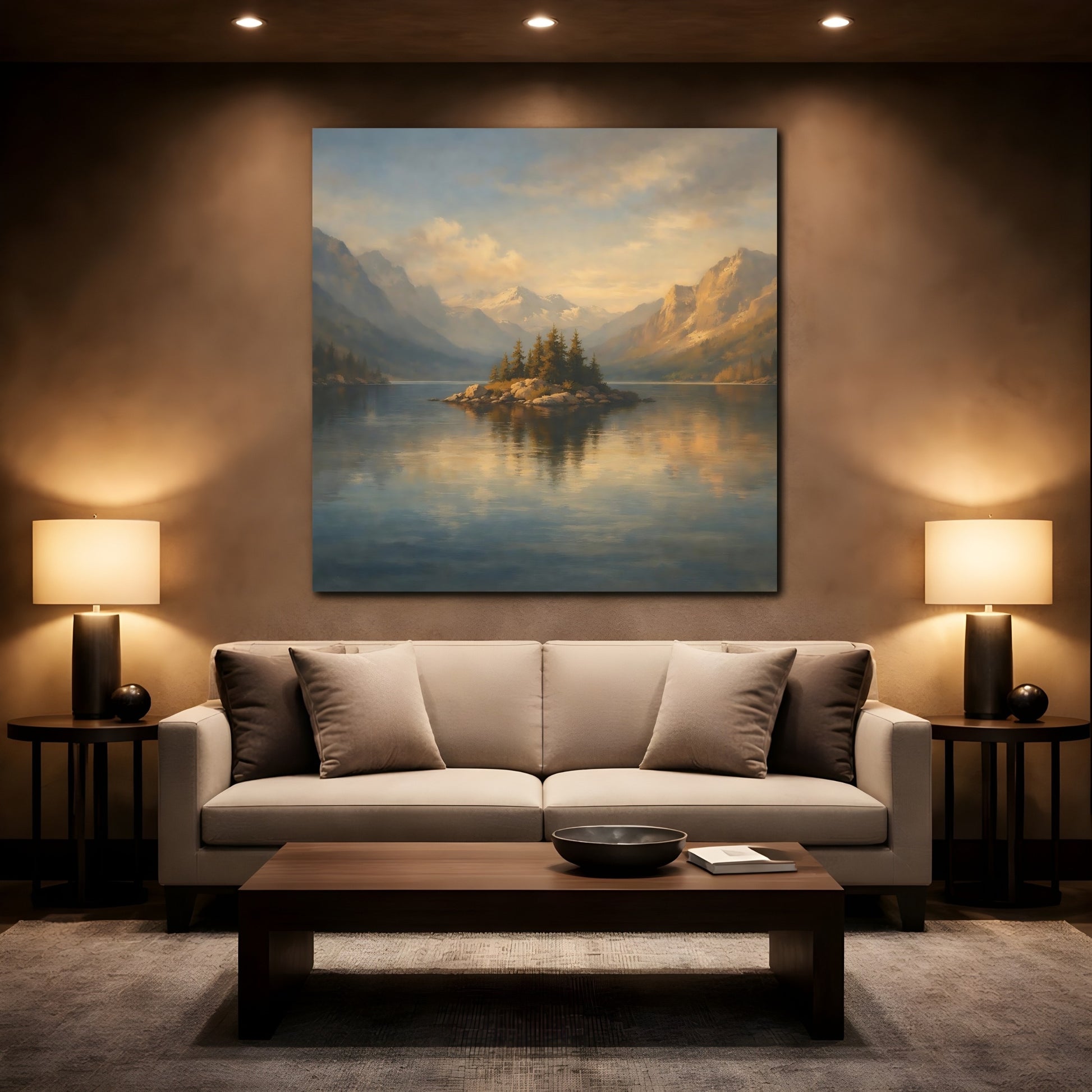Mockup 2. Nature Mountain Lake Blue And Gold Landscape shown as stretched canvas wall art