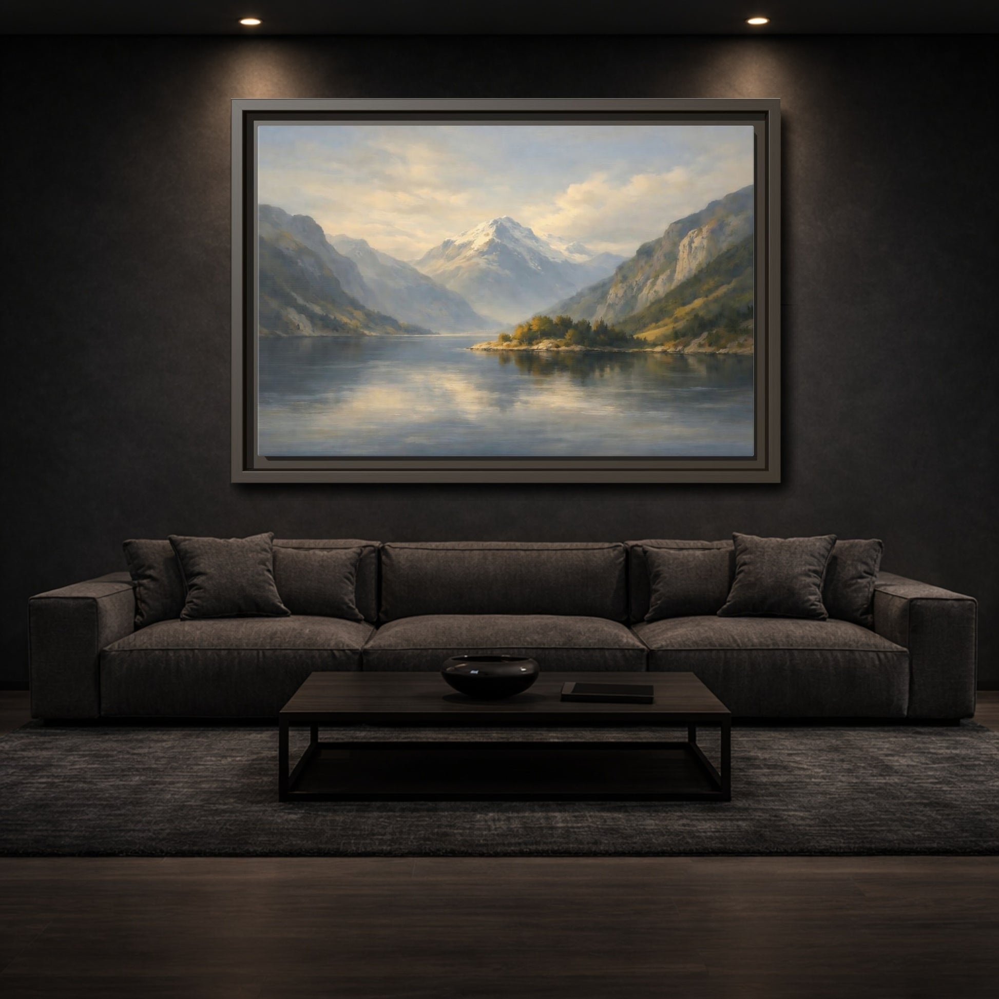 Mockup 2. Nature Mountain Lake Blue And Gold Landscape shown as stretched canvas wall art