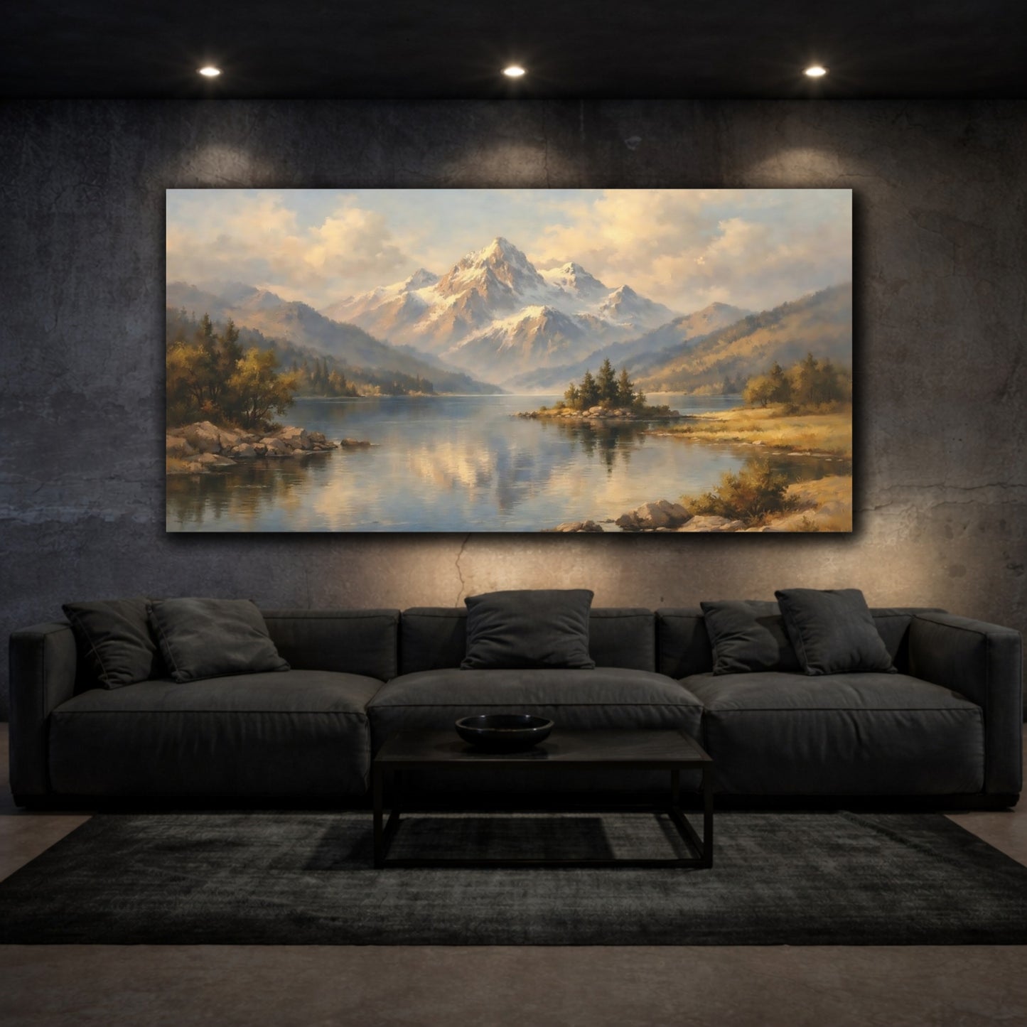 Mockup 2. Nature Mountain Lake Blue And Gold Landscape shown as stretched canvas wall art