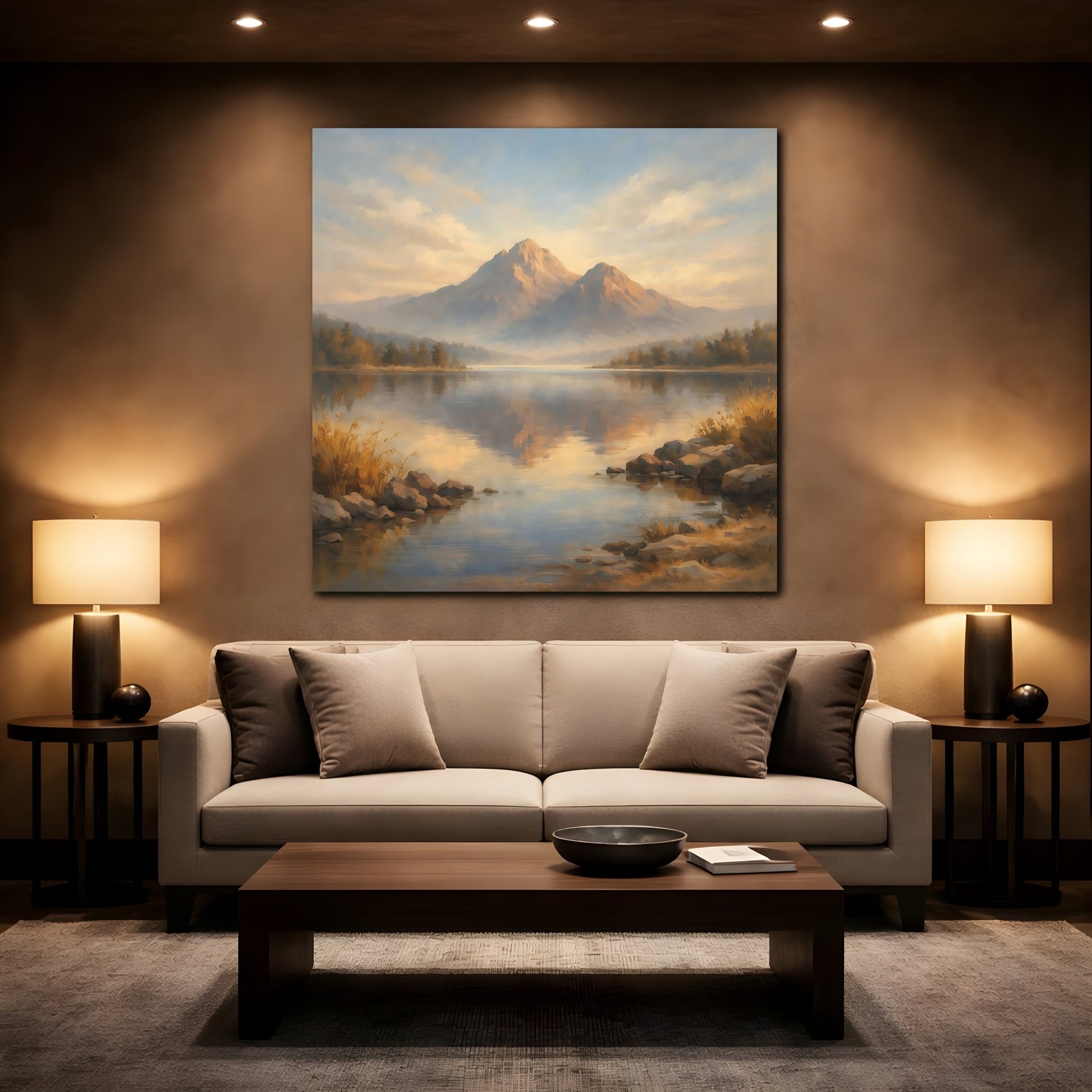 Mockup 2. Nature Mountain Lake Blue And Gold Landscape shown as stretched canvas wall art