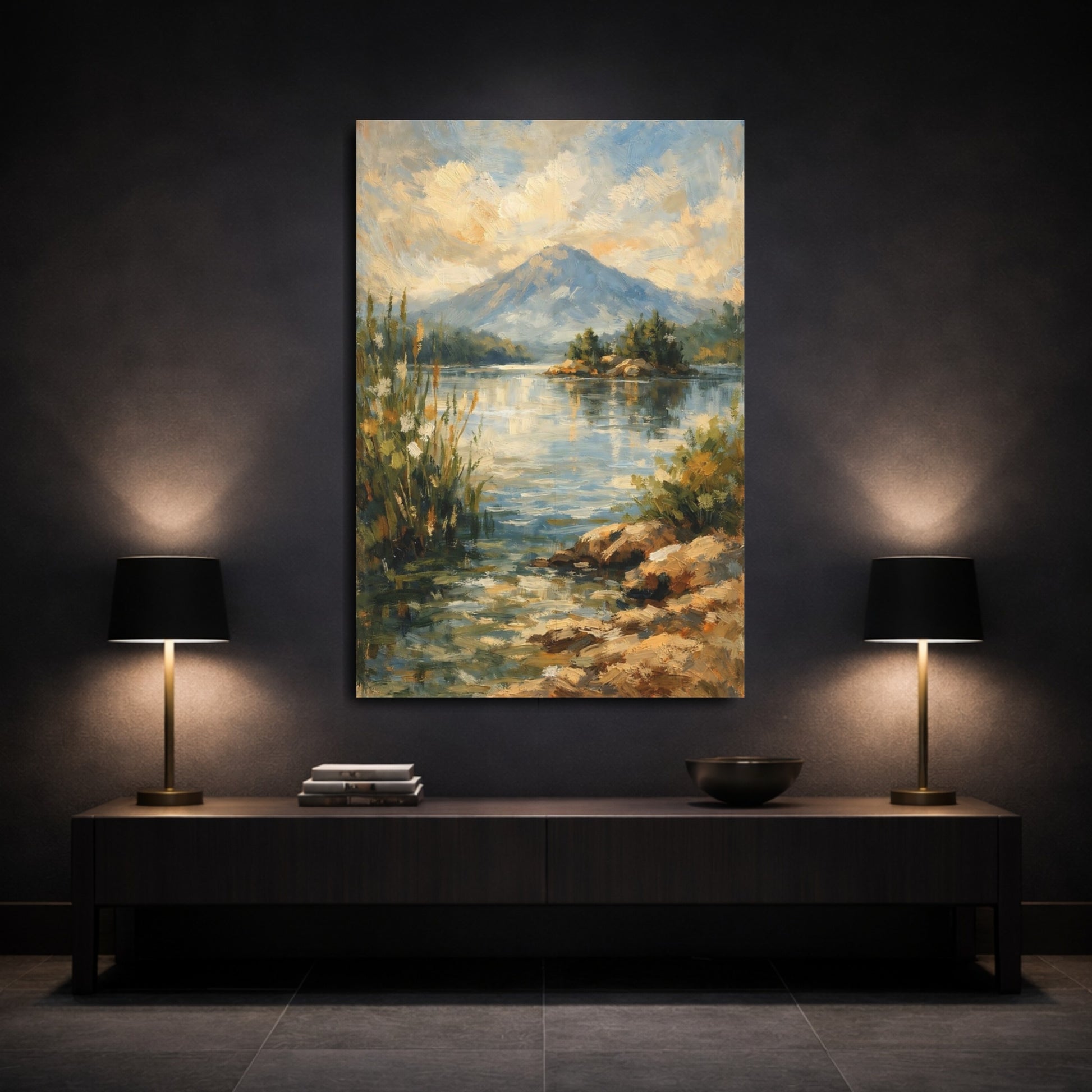 Mockup 2. Nature Mountain Lake Blue And Gold Landscape shown as stretched canvas wall art