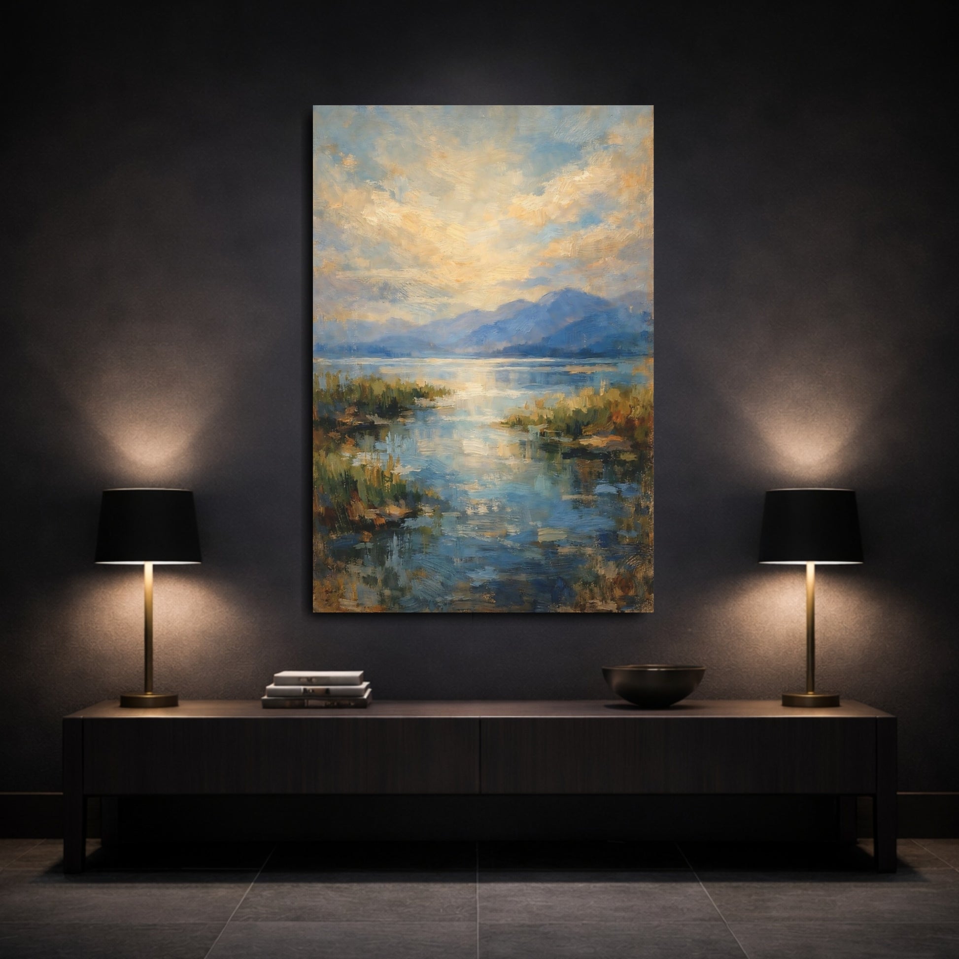 Mockup 2. Nature Mountain Lake Blue And Gold Landscape shown as stretched canvas wall art