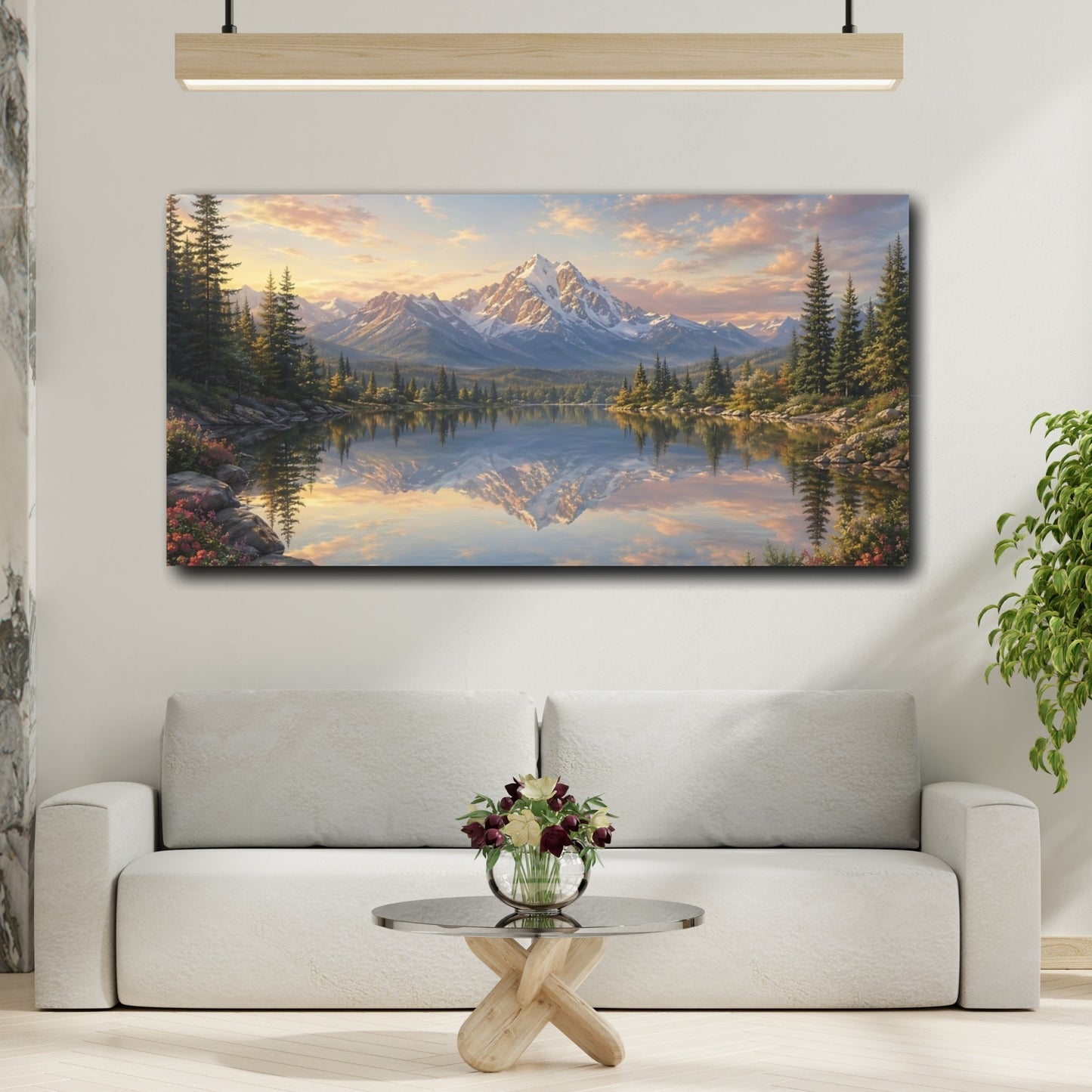 Mockup 3. Nature Mountain Lake Blue And Gold Landscape shown as stretched canvas wall art