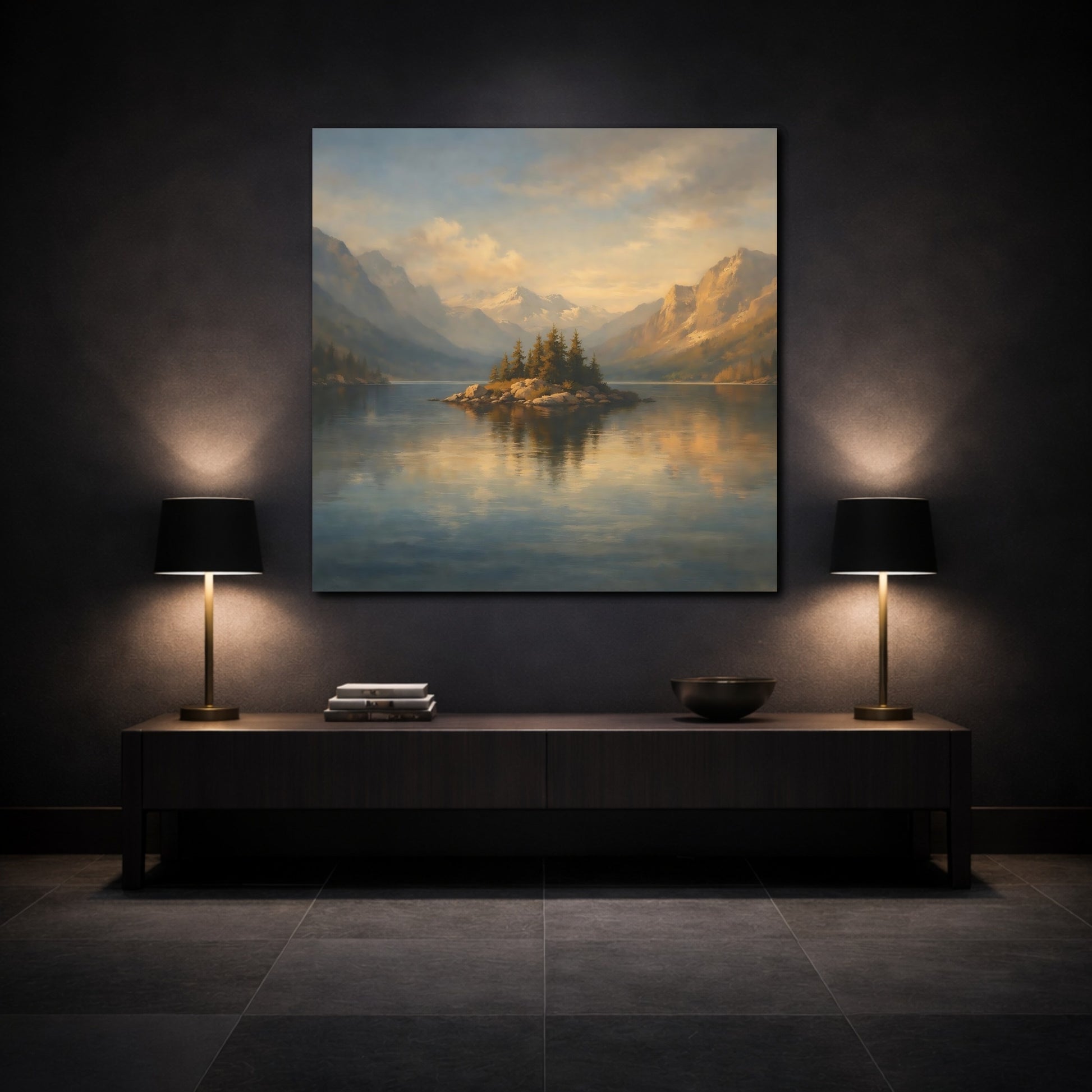 Mockup 3. Nature Mountain Lake Blue And Gold Landscape shown as stretched canvas wall art