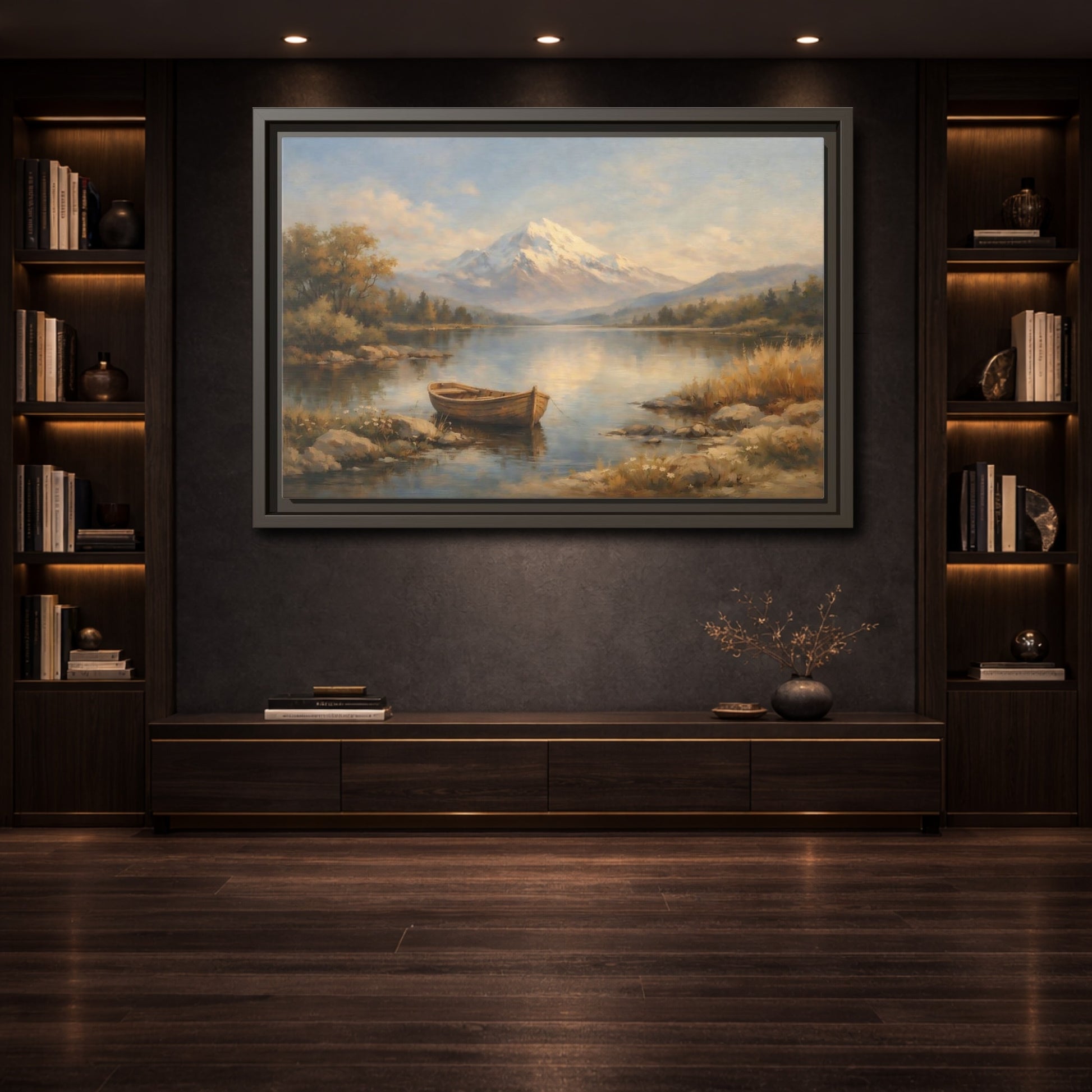 Mockup 3. Nature Mountain Lake Blue And Gold Landscape shown as stretched canvas wall art