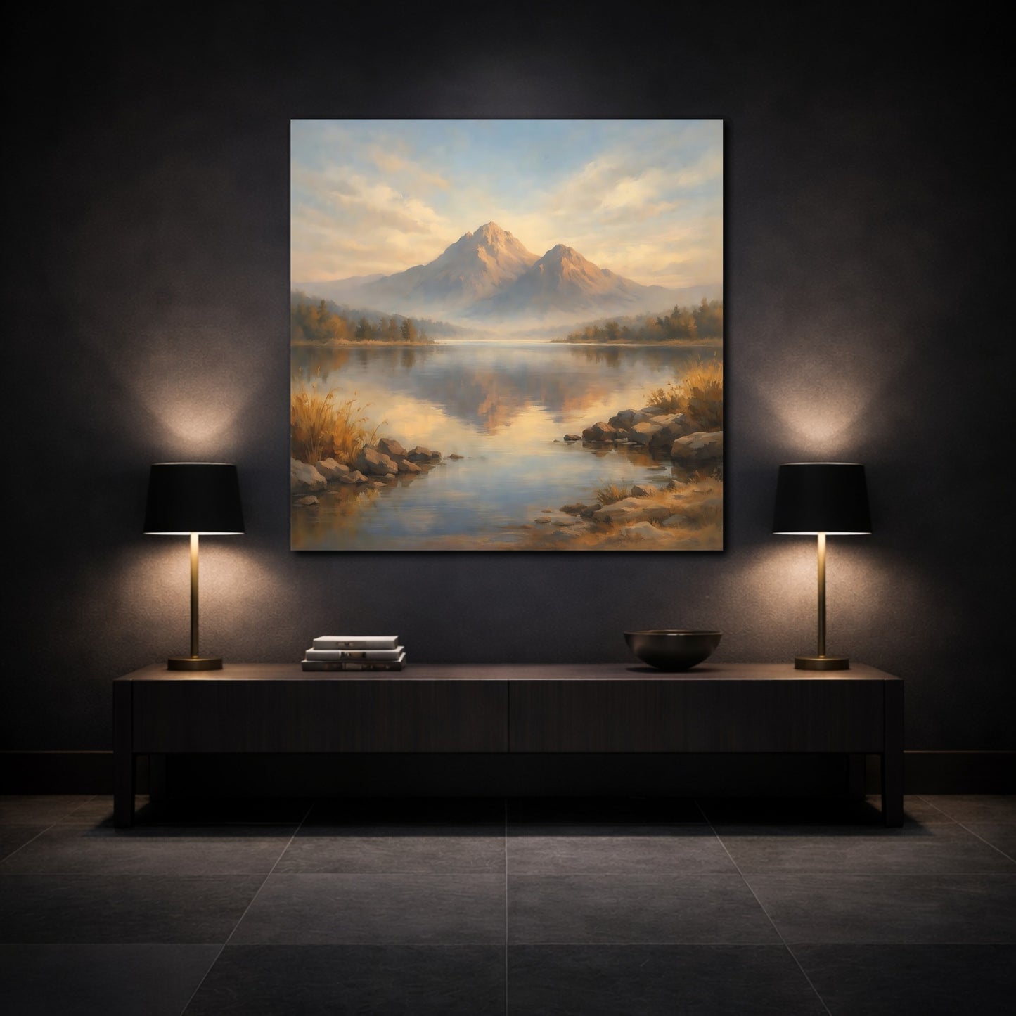 Mockup 3. Nature Mountain Lake Blue And Gold Landscape shown as stretched canvas wall art