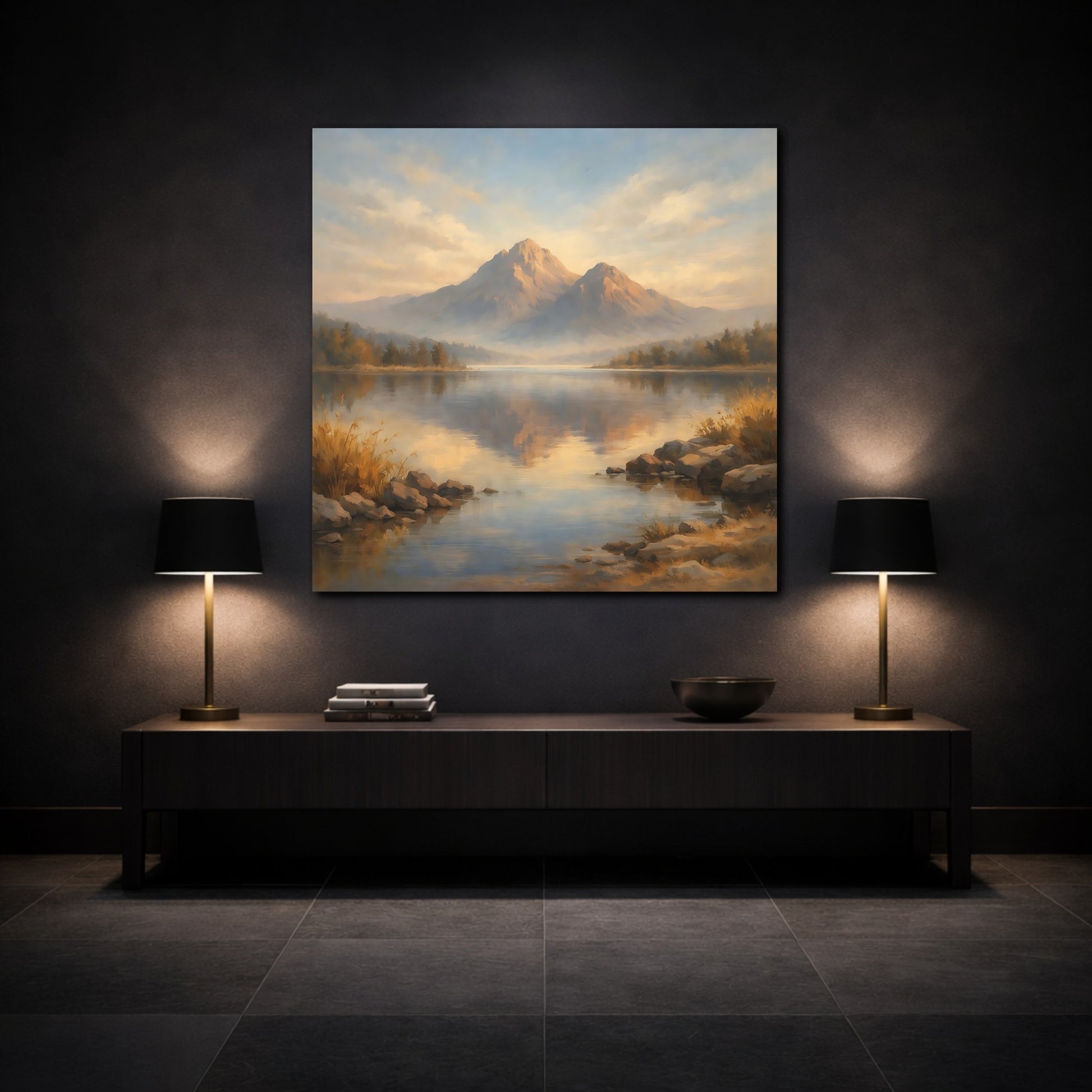 Mockup 3. Nature Mountain Lake Blue And Gold Landscape shown as stretched canvas wall art