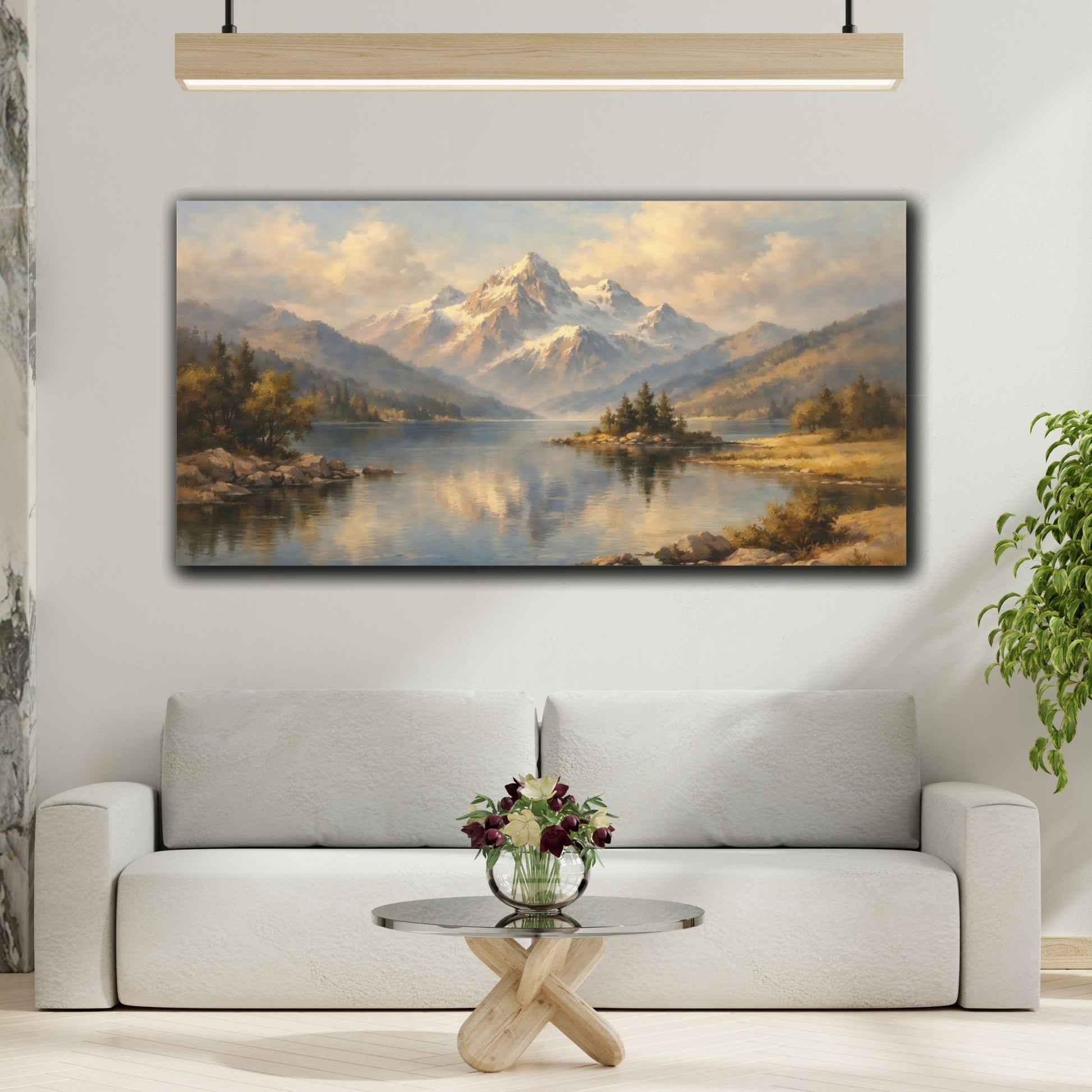 Mockup 3. Nature Mountain Lake Blue And Gold Landscape shown as stretched canvas wall art