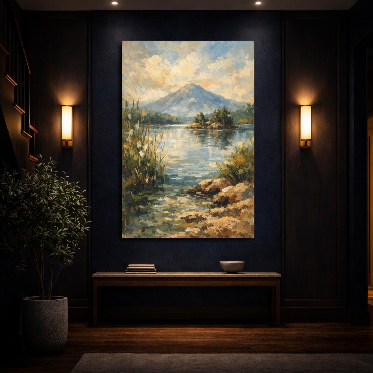 Mockup 3. Nature Mountain Lake Blue And Gold Landscape shown as stretched canvas wall art