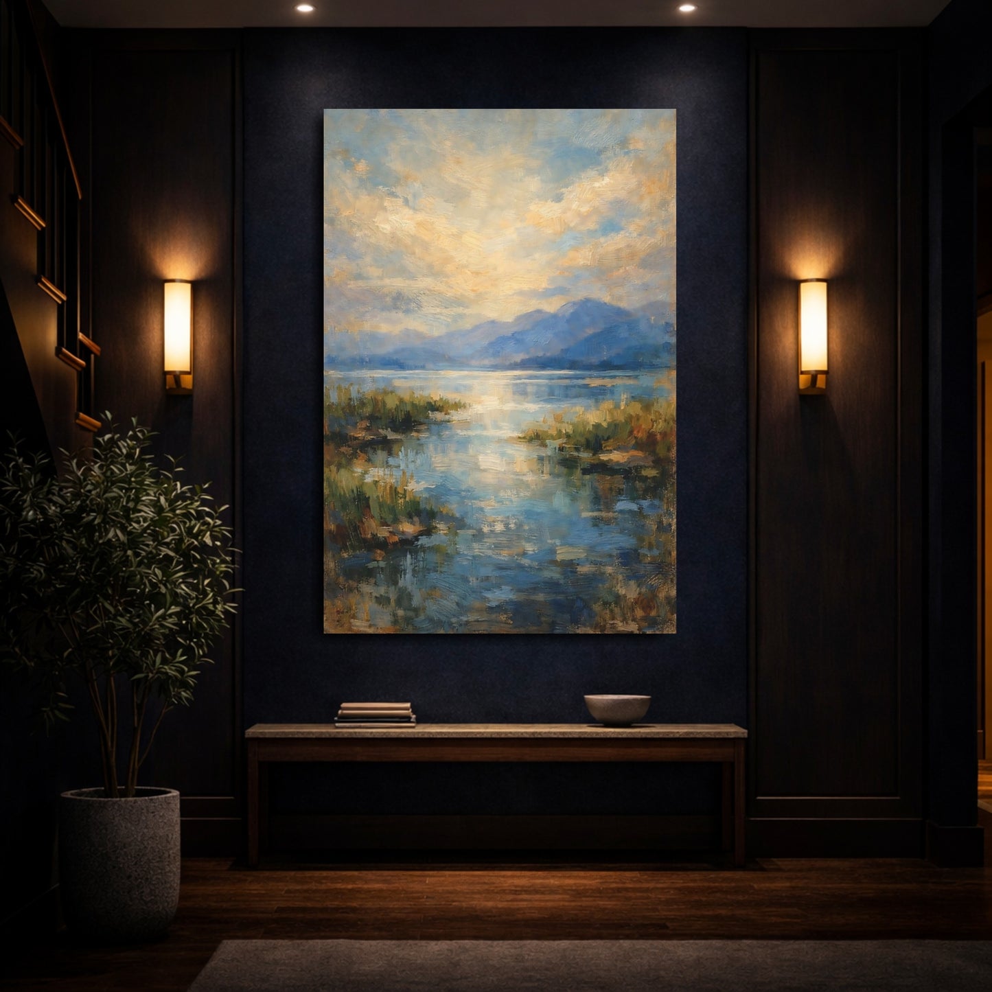 Mockup 3. Nature Mountain Lake Blue And Gold Landscape shown as stretched canvas wall art