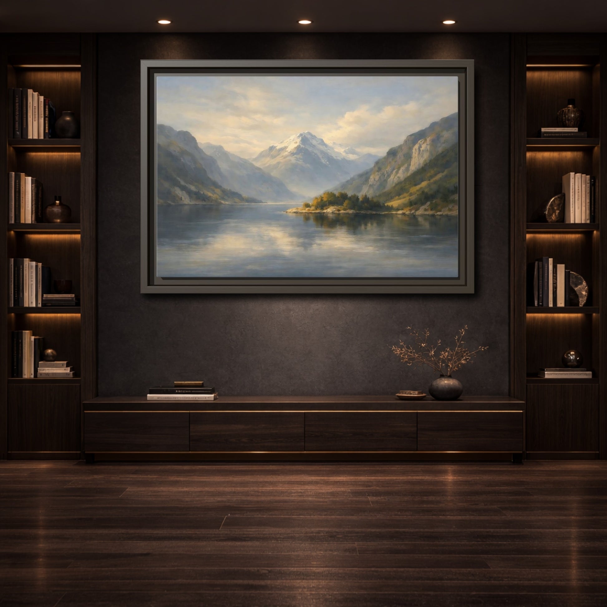 Mockup 3. Nature Mountain Lake Blue And Gold Landscape shown as stretched canvas wall art