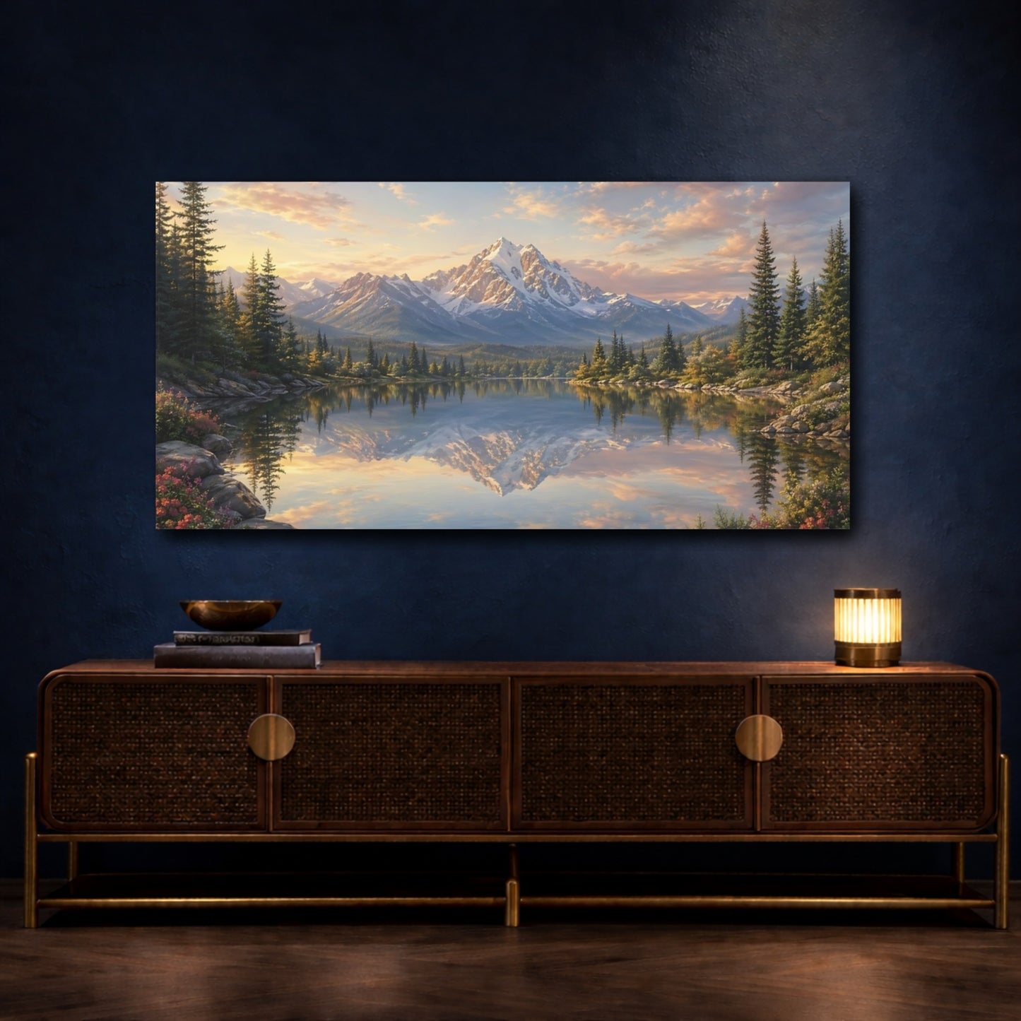 Mockup 4. Nature Mountain Lake Blue And Gold Landscape shown as stretched canvas wall art