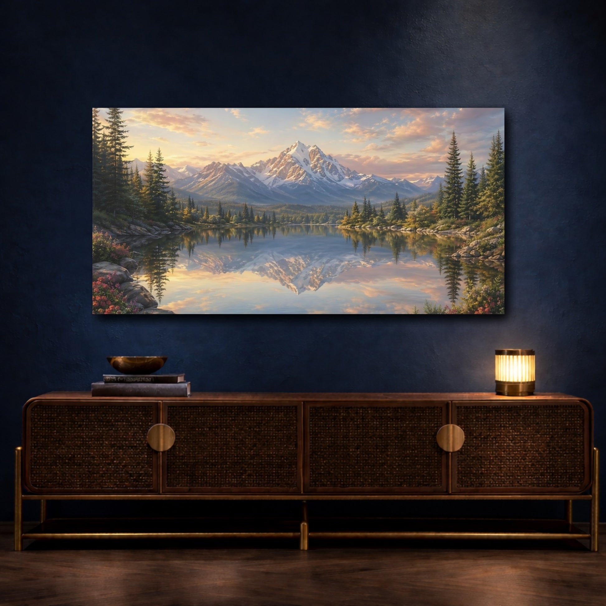 Mockup 4. Nature Mountain Lake Blue And Gold Landscape shown as stretched canvas wall art