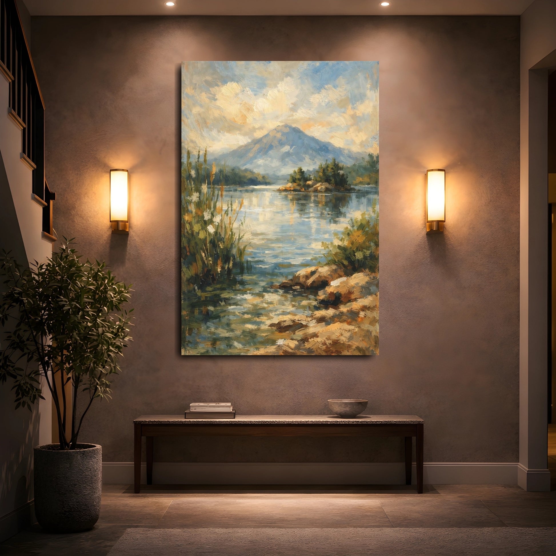 Mockup 4. Nature Mountain Lake Blue And Gold Landscape shown as stretched canvas wall art