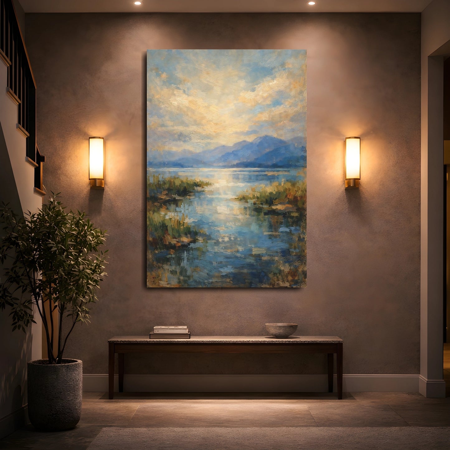Mockup 4. Nature Mountain Lake Blue And Gold Landscape shown as stretched canvas wall art