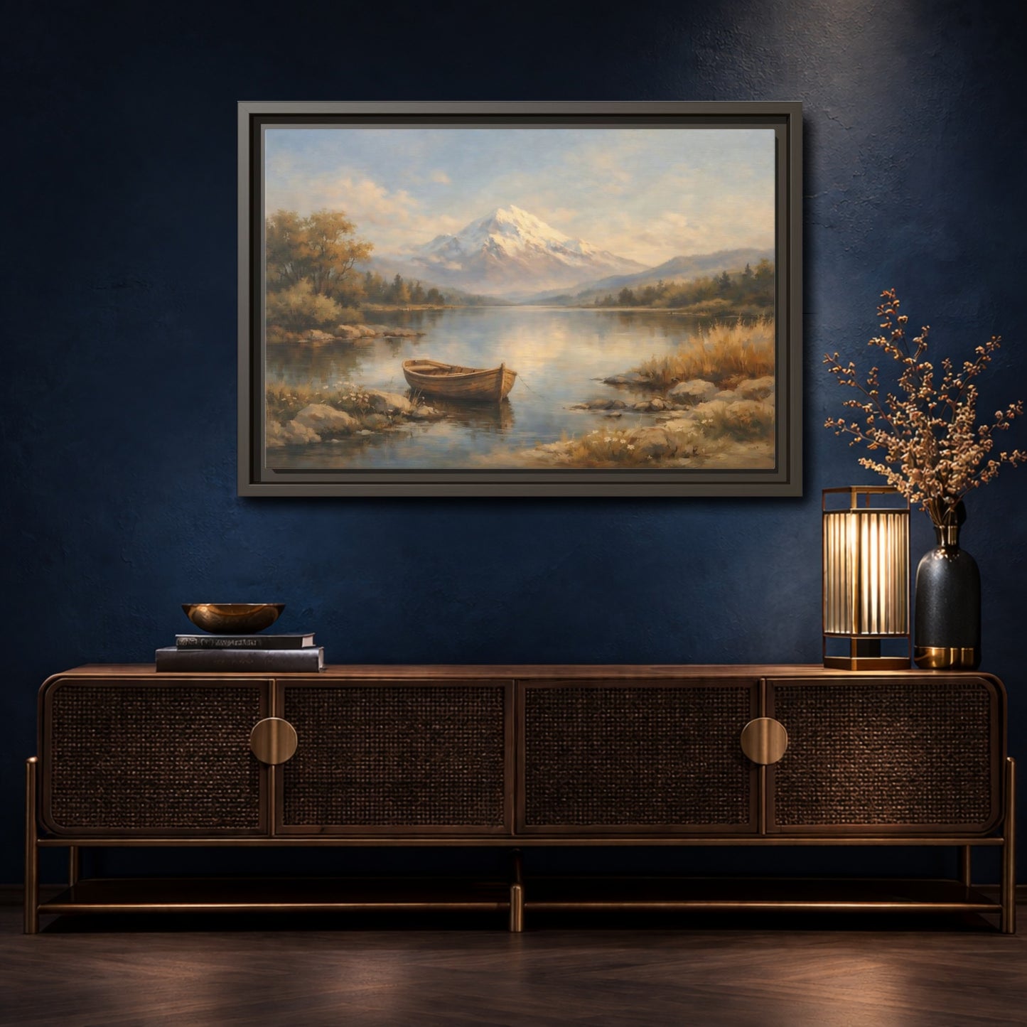 Mockup 4. Nature Mountain Lake Blue And Gold Landscape shown as stretched canvas wall art