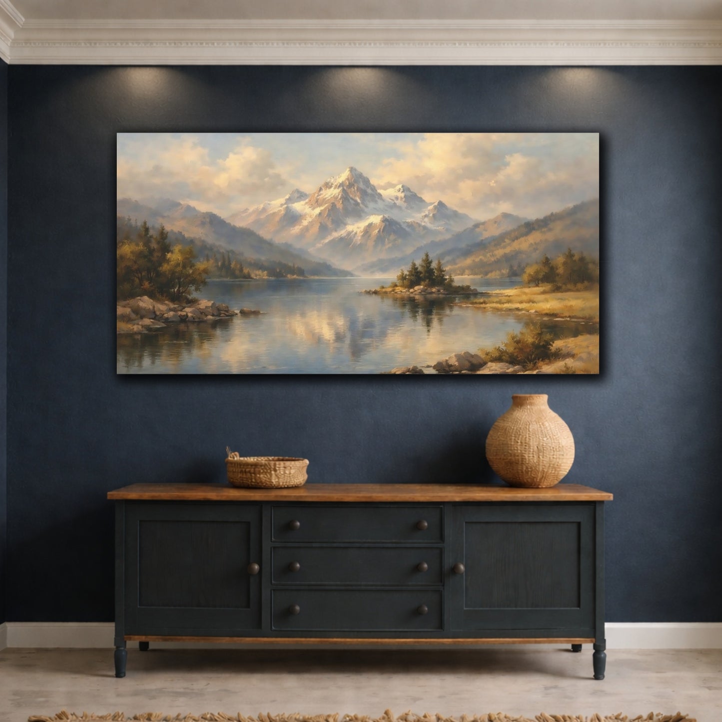 Mockup 4. Nature Mountain Lake Blue And Gold Landscape shown as stretched canvas wall art