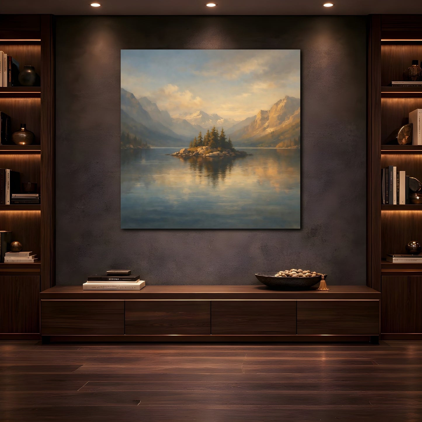 Mockup 4. Nature Mountain Lake Blue And Gold Landscape shown as stretched canvas wall art
