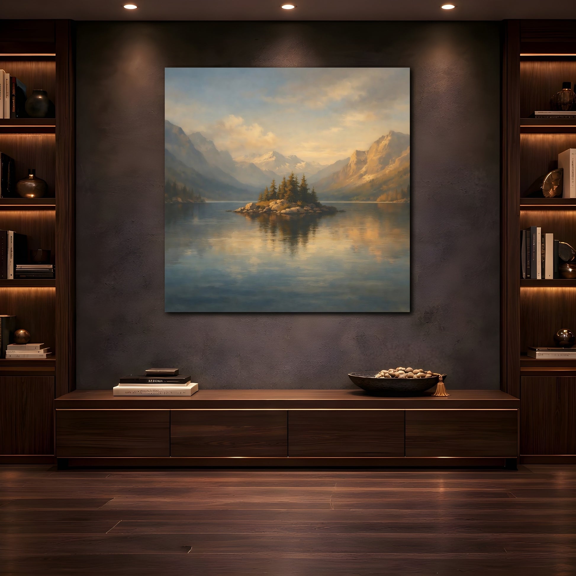 Mockup 4. Nature Mountain Lake Blue And Gold Landscape shown as stretched canvas wall art