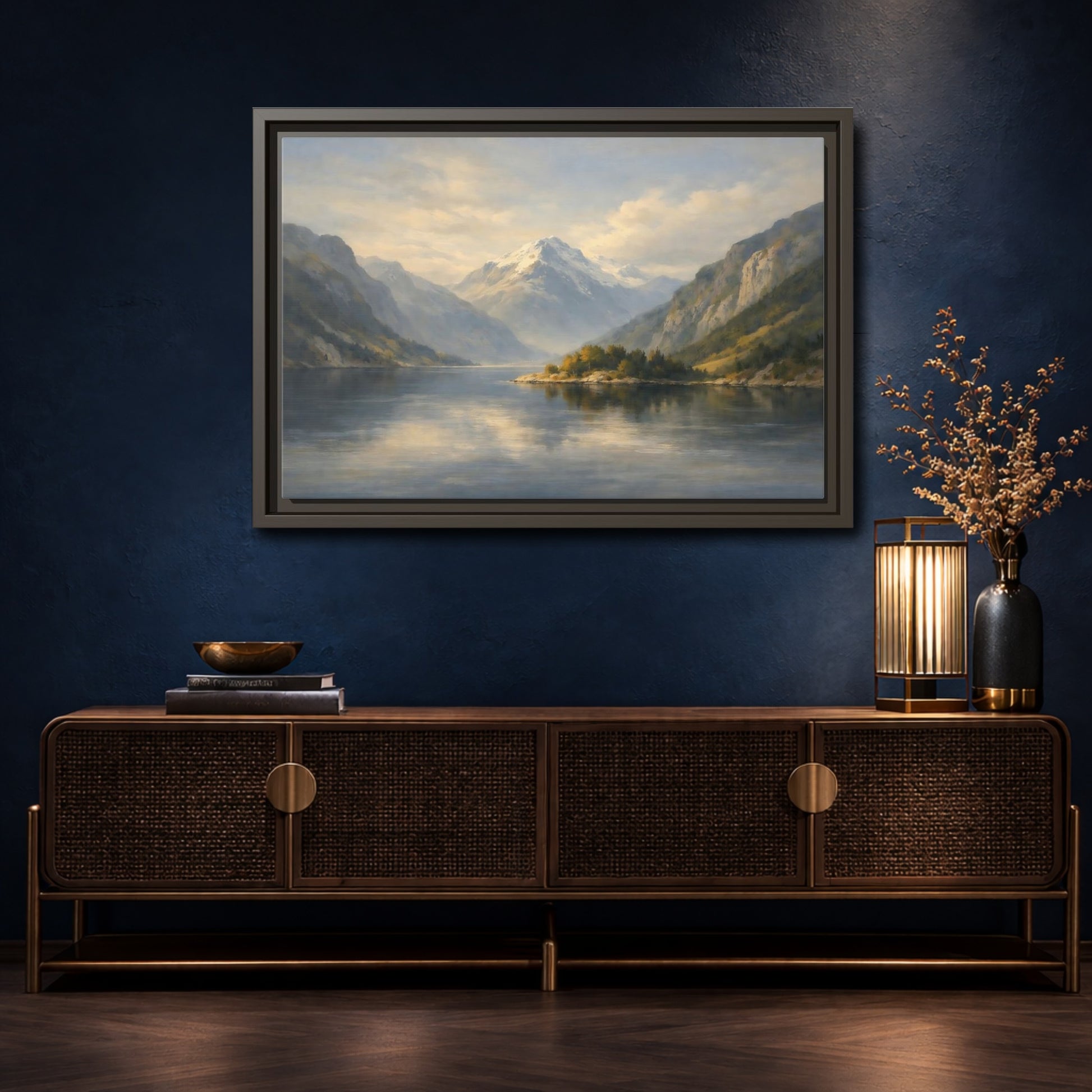 Mockup 4. Nature Mountain Lake Blue And Gold Landscape shown as stretched canvas wall art
