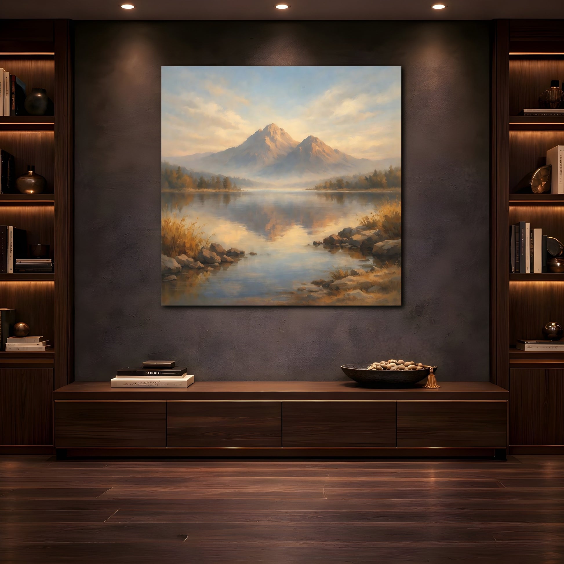 Mockup 4. Nature Mountain Lake Blue And Gold Landscape shown as stretched canvas wall art