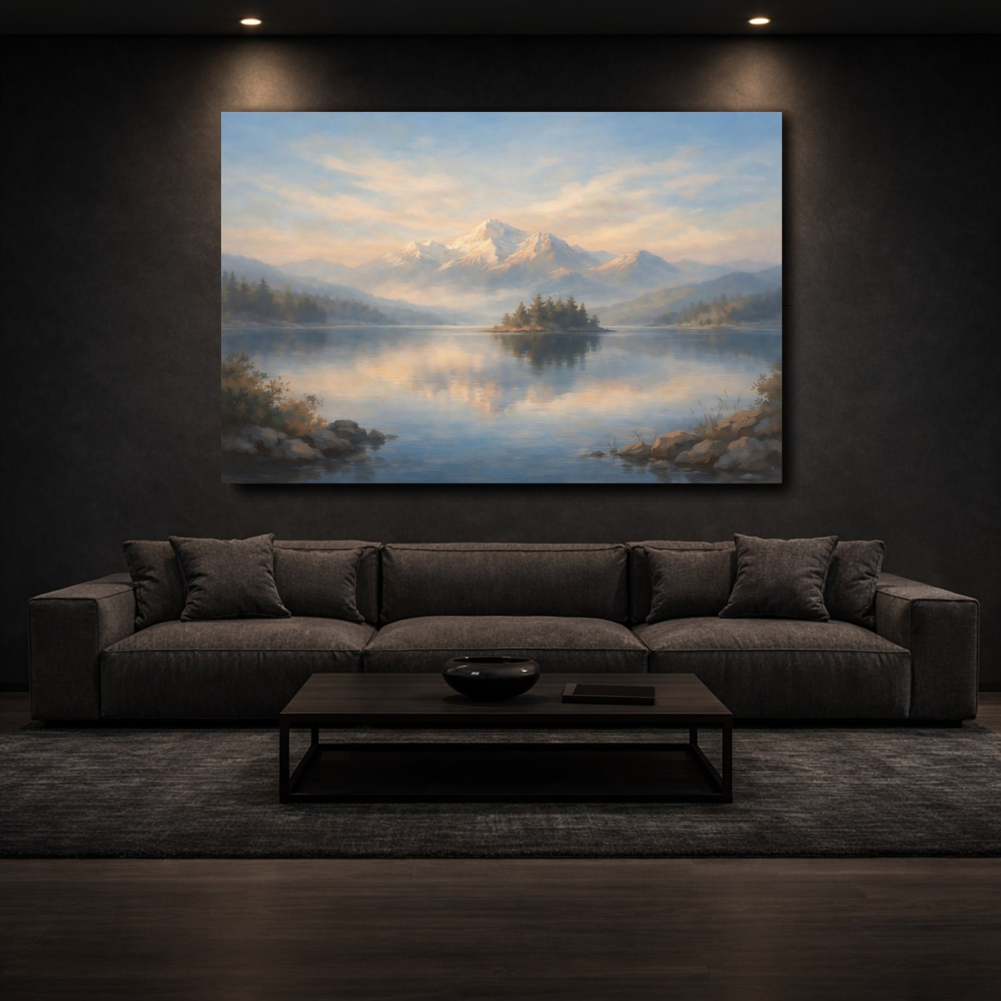 Mockup 2. Nature Mountain Lake Blue And Gold Mountain shown as stretched canvas wall art